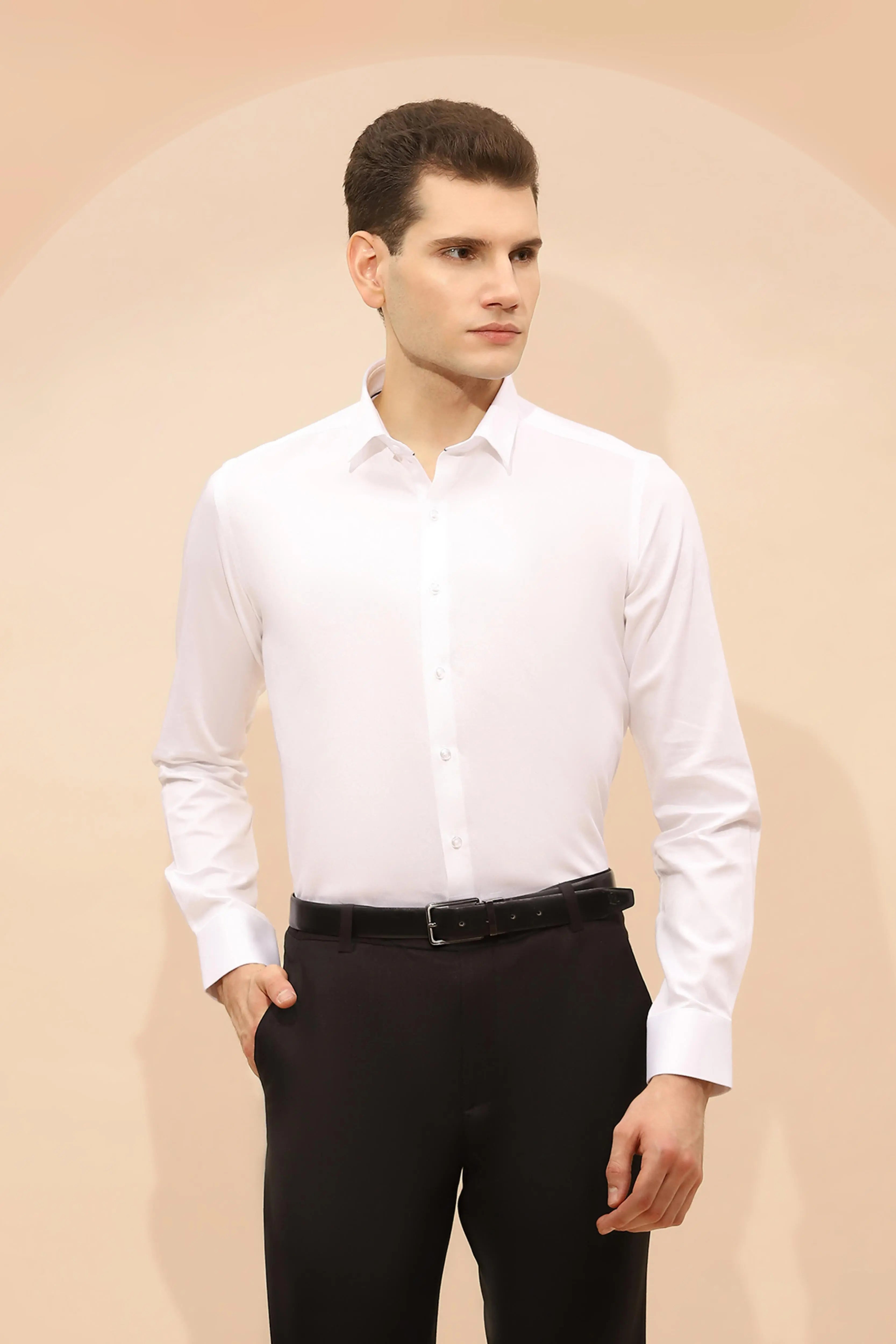 White Cotton Blend Tailored Fit Shirt - Global Republic