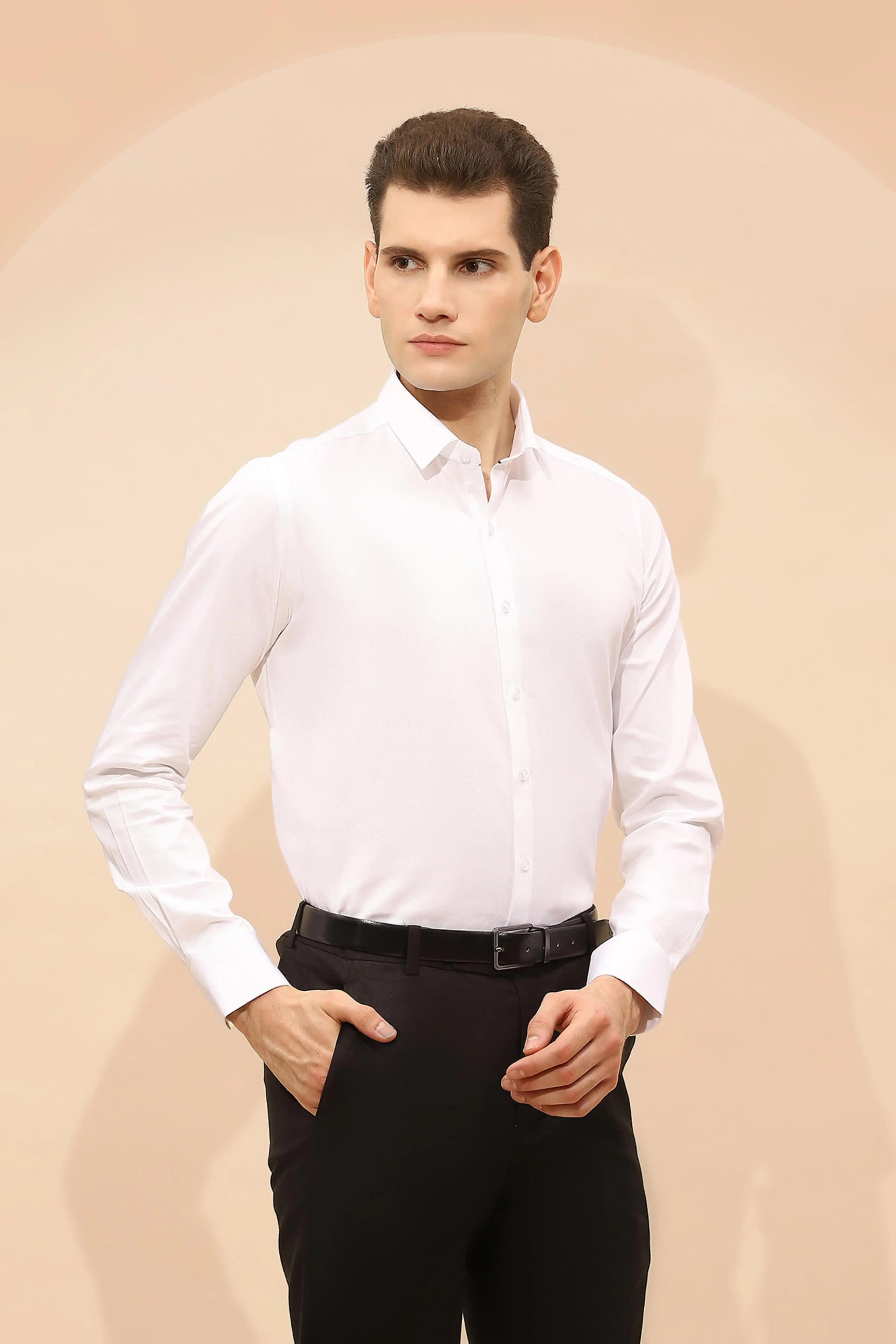 White Cotton Blend Tailored Fit Shirt - Global Republic