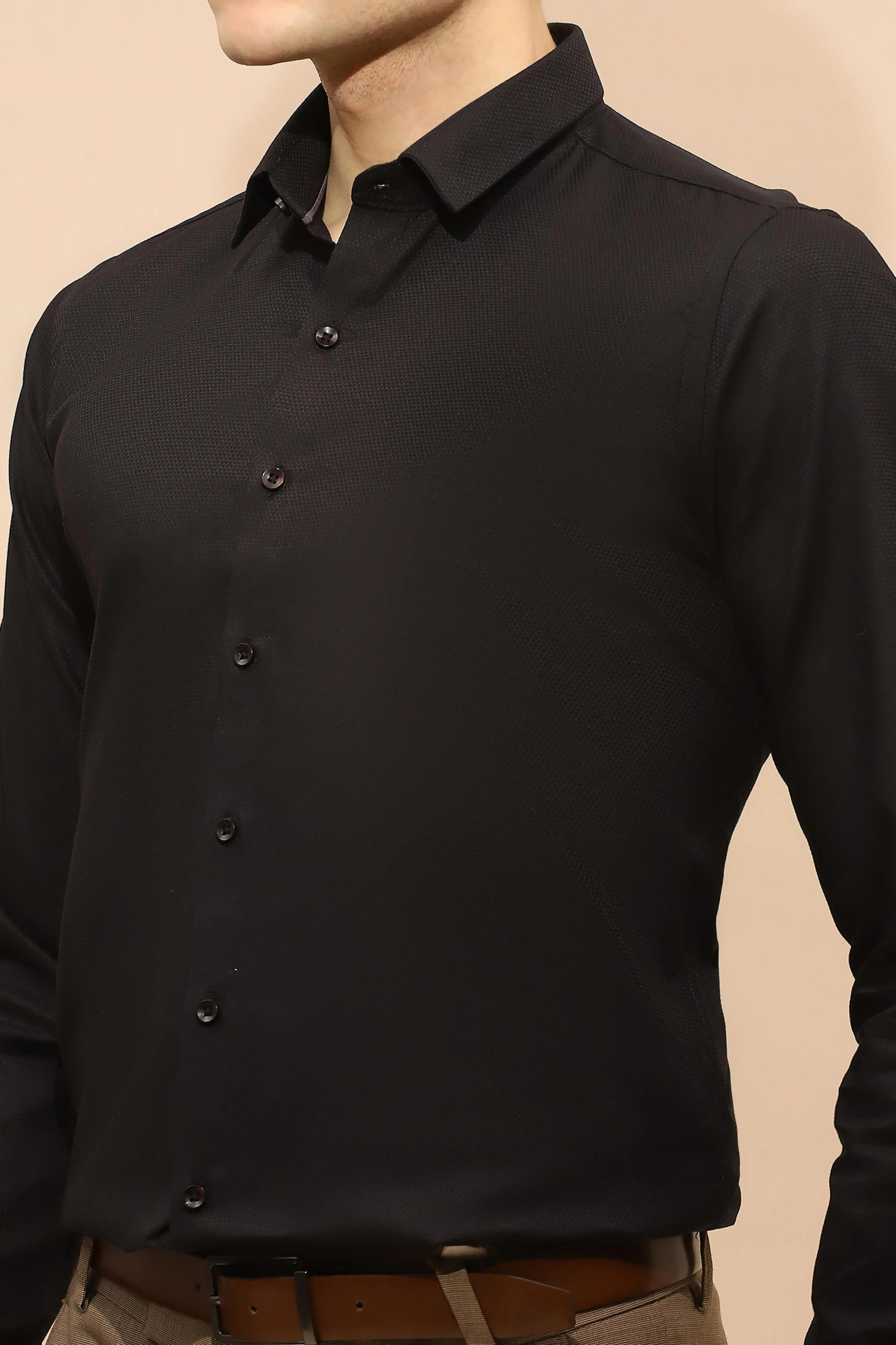 Black Tailored Fit Cotton Blend Shirt - Global Republic