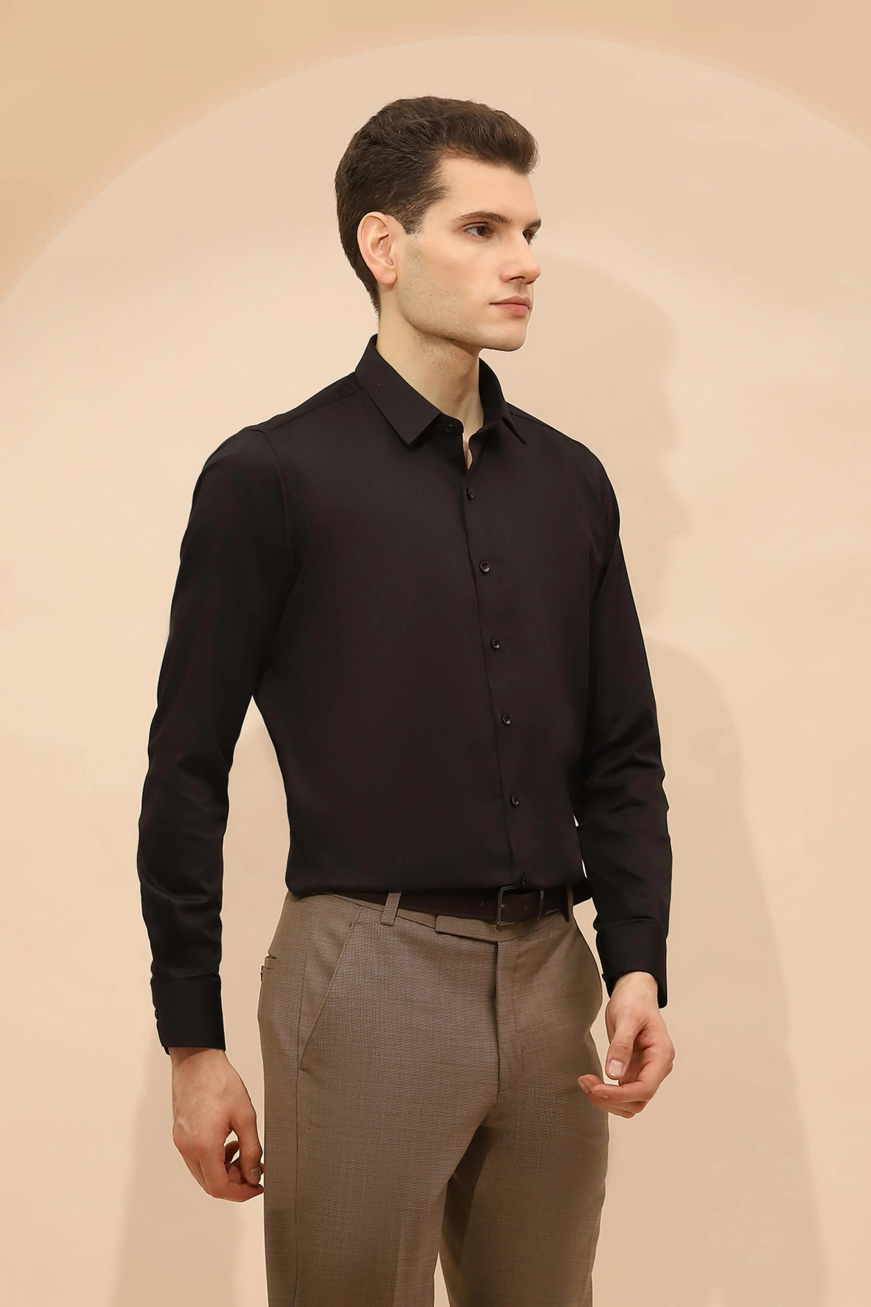 Black Cotton Blend Tailored Fit Shirt - Global Republic