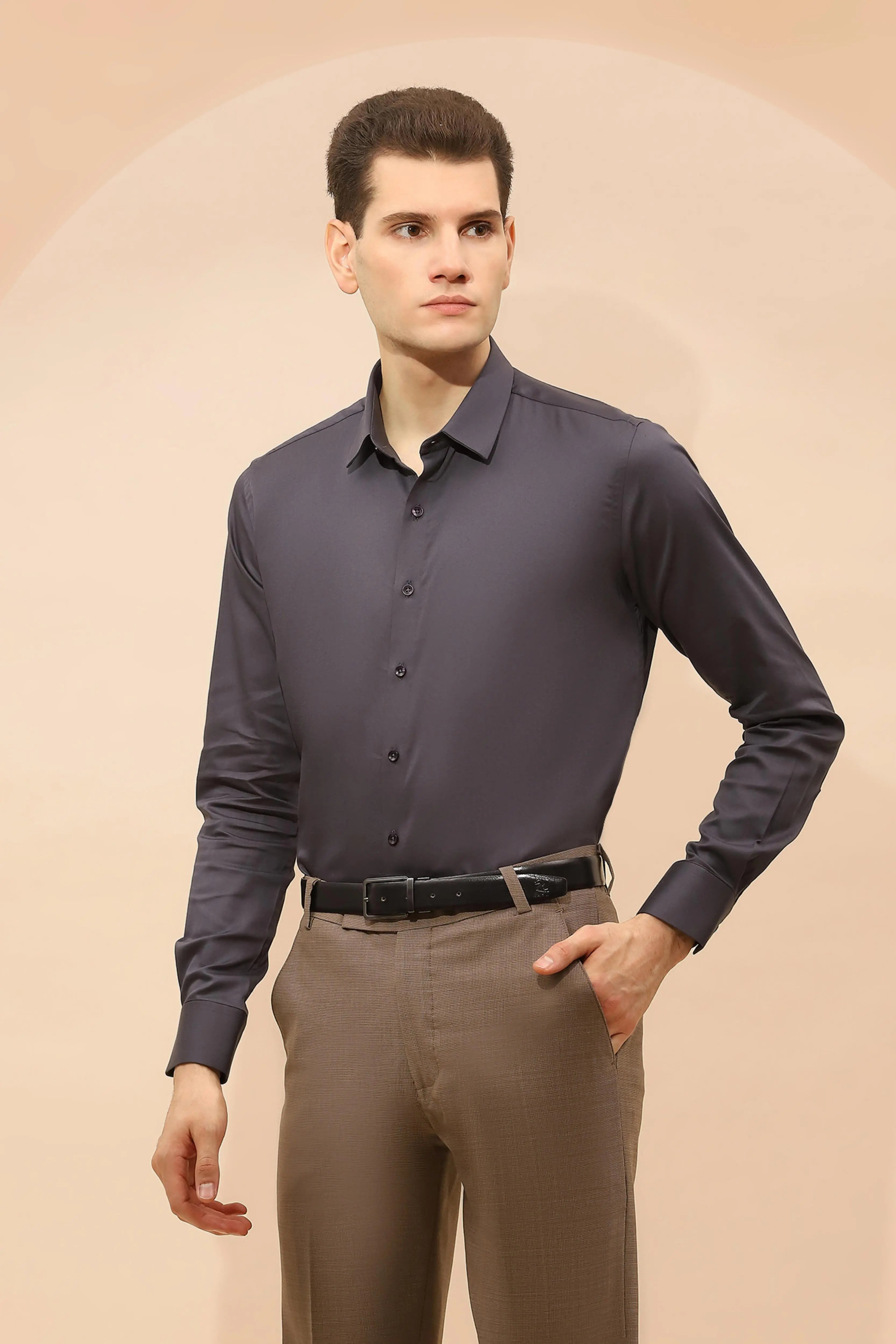 Grey Tailored Fit Cotton Blend Shirt - Global Republic
