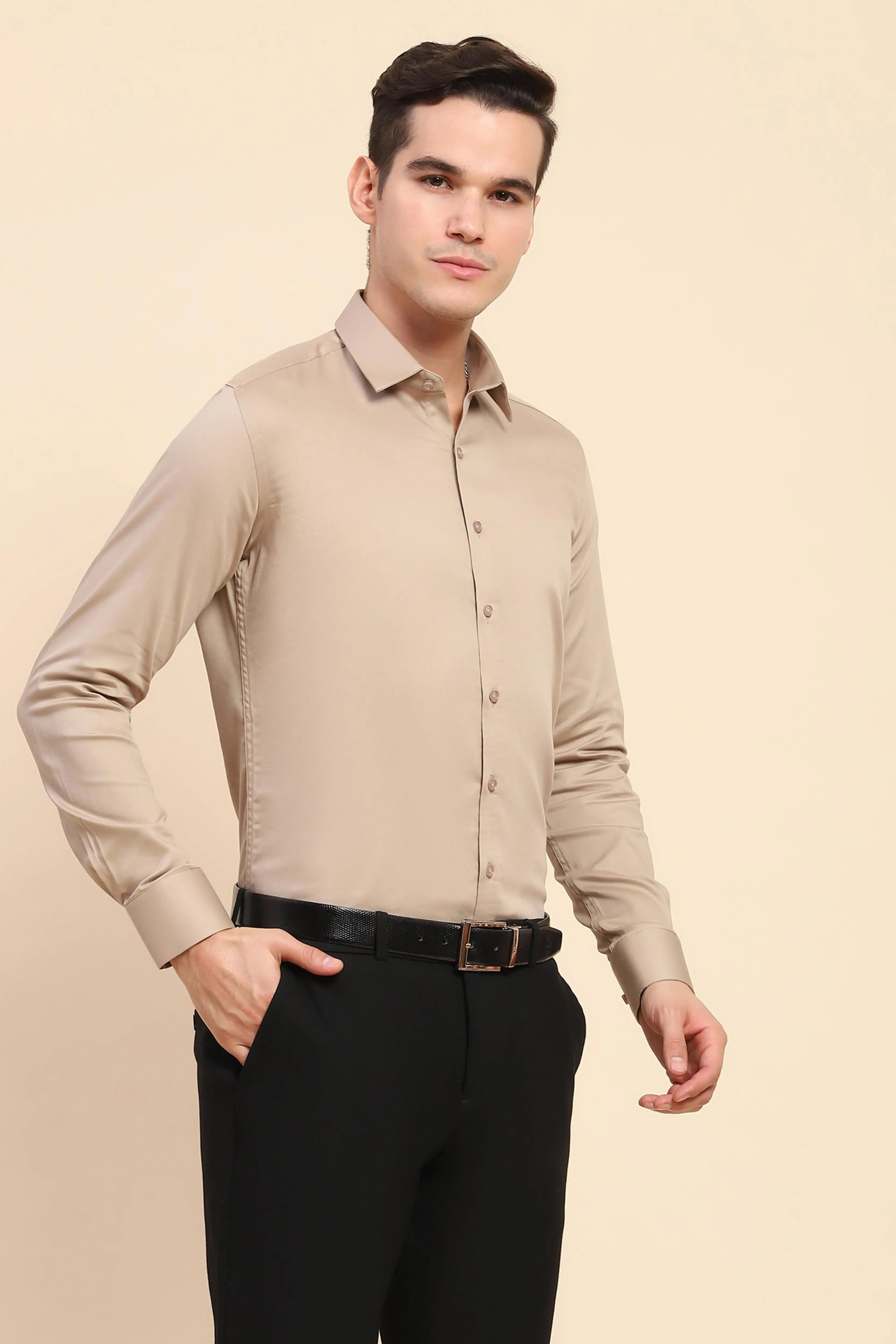 Beige Cotton Blend Solid Formal Shirt - Global Republic
