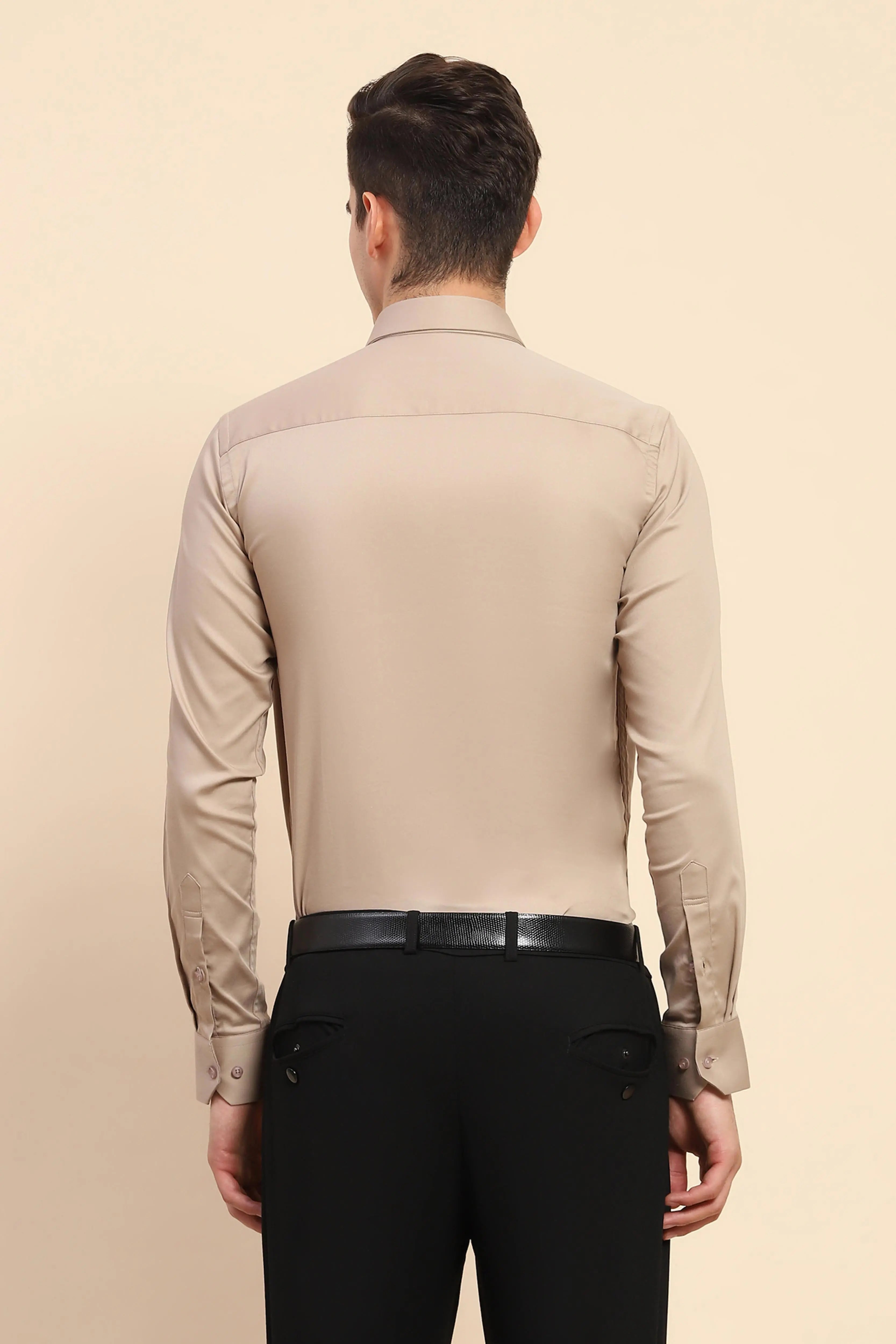 Beige Cotton Blend Solid Formal Shirt - Global Republic