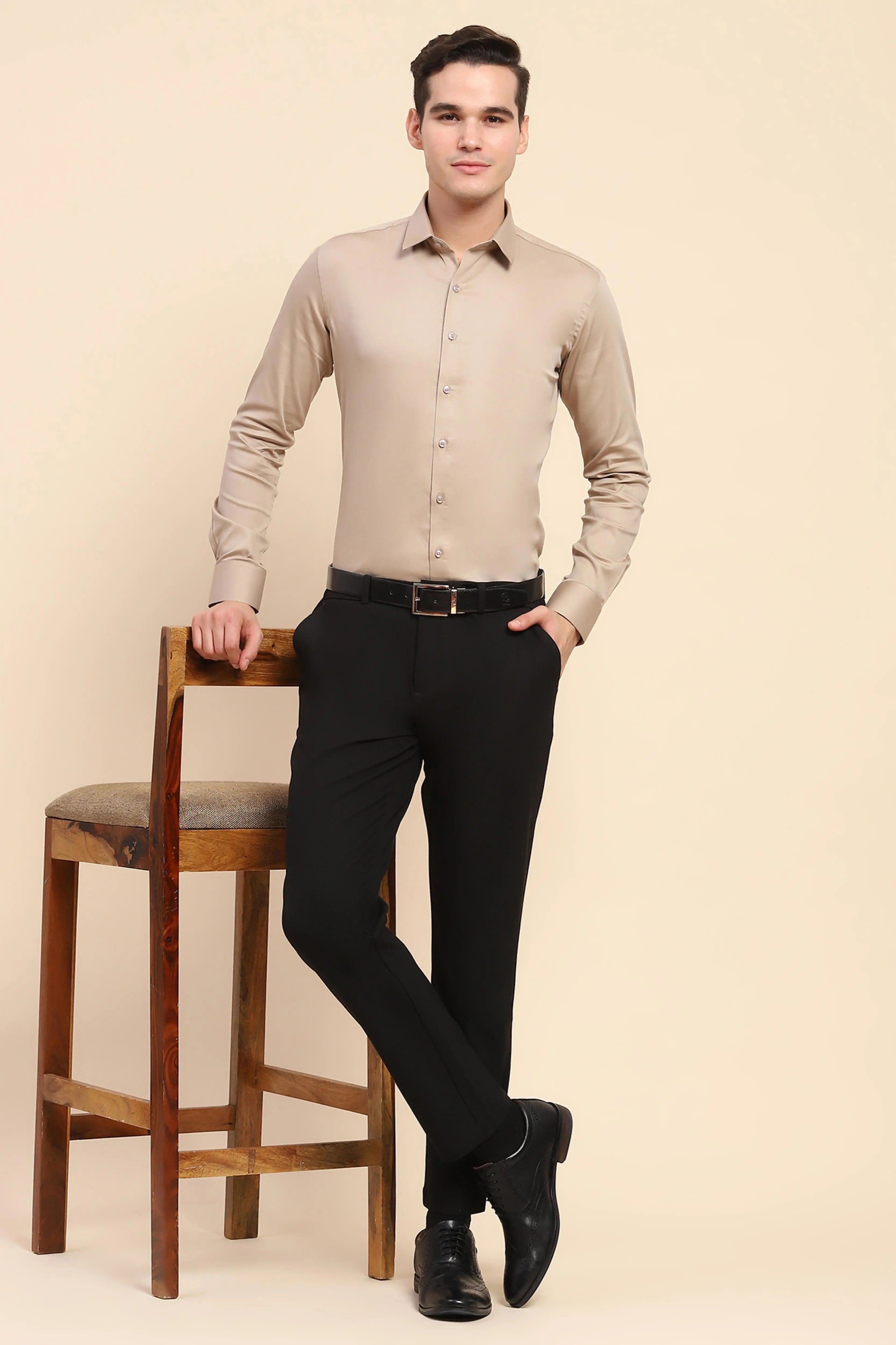 Beige Cotton Blend Solid Formal Shirt - Global Republic