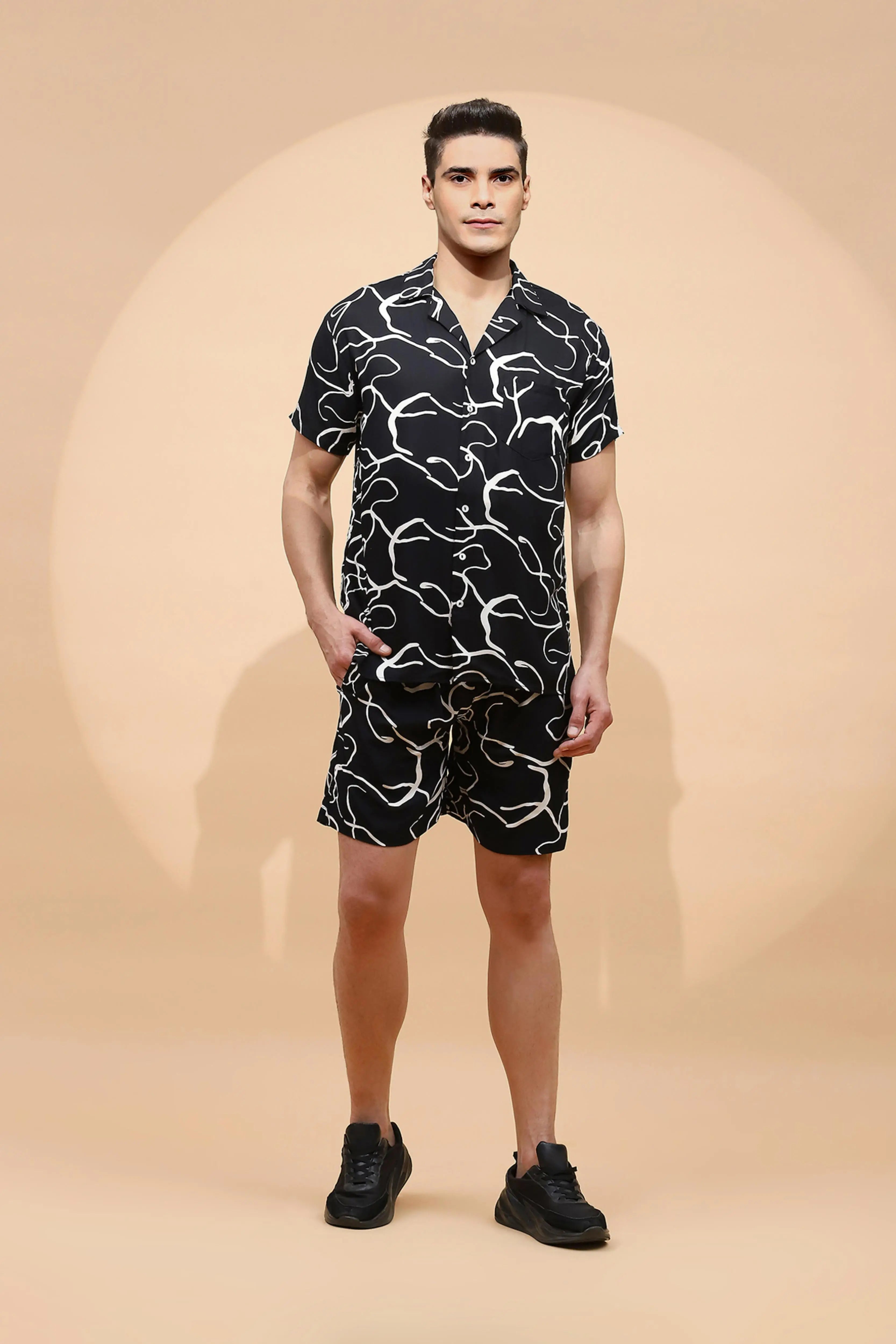 Black Cotton Blend Regular Fit Shorts Set For Men - Global Republic