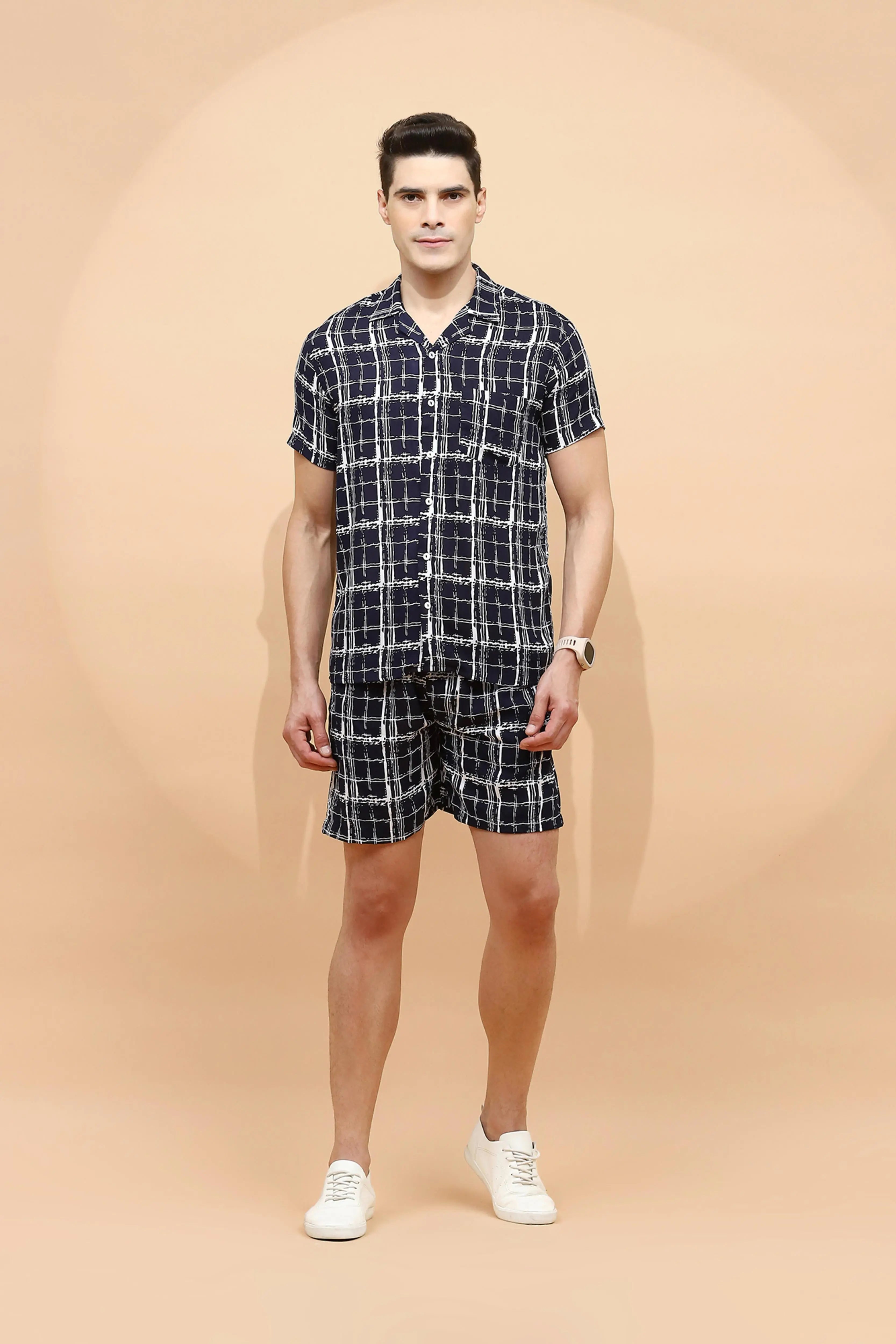 Navy Cotton Blend Regular Fit Shorts Set For Men - Global Republic