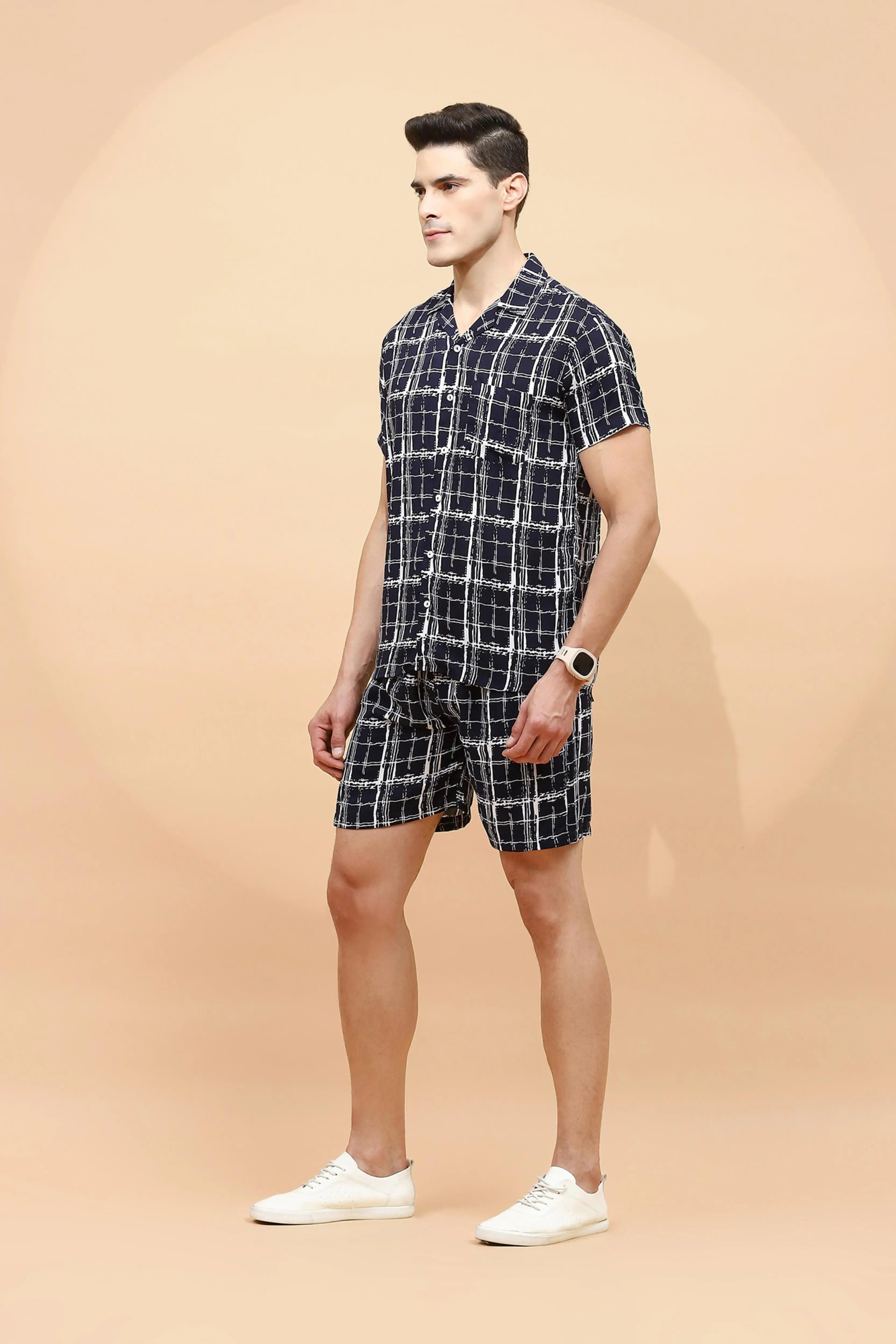 Navy Cotton Blend Regular Fit Shorts Set For Men - Global Republic