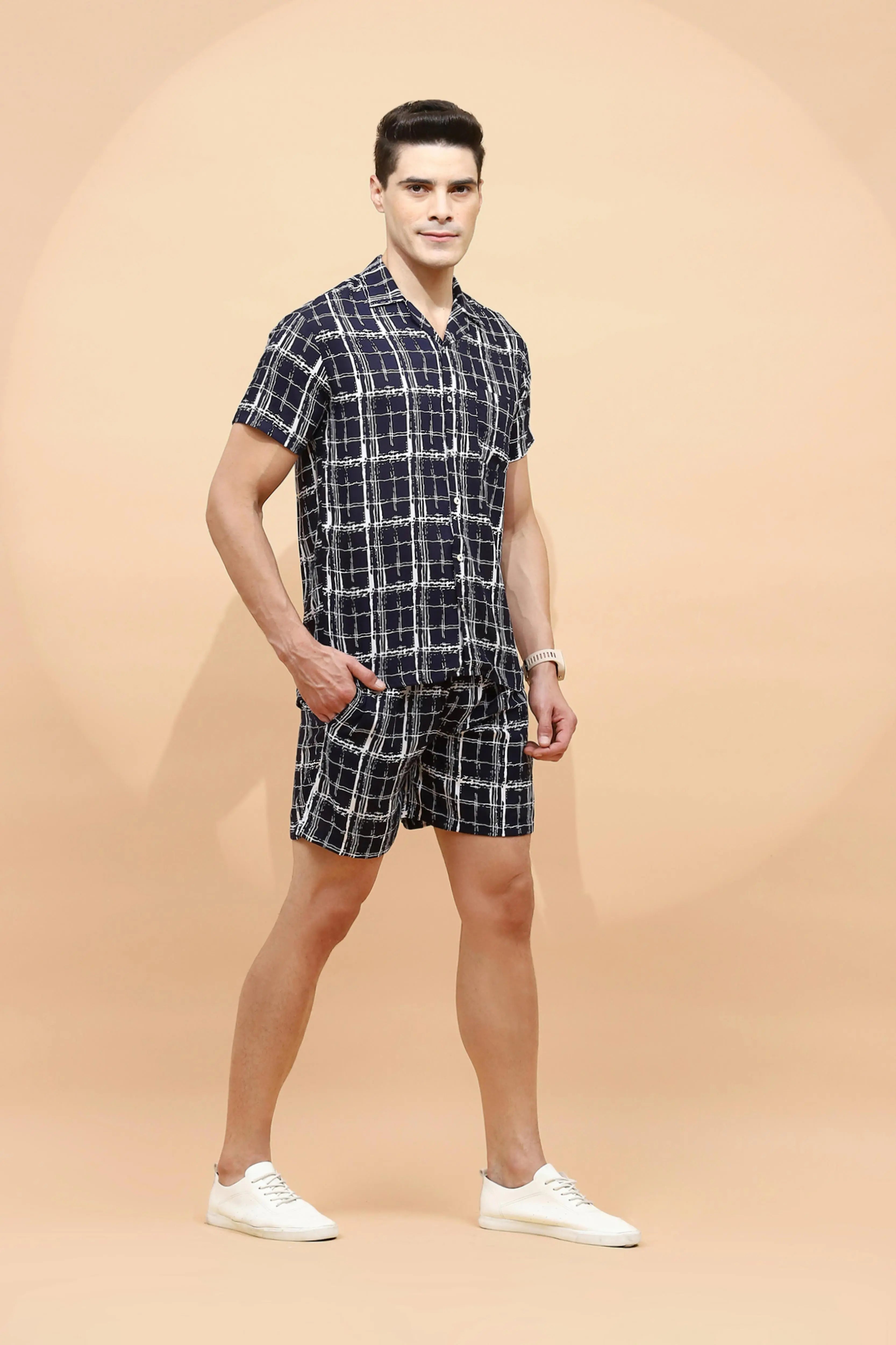 Navy Cotton Blend Regular Fit Shorts Set For Men - Global Republic