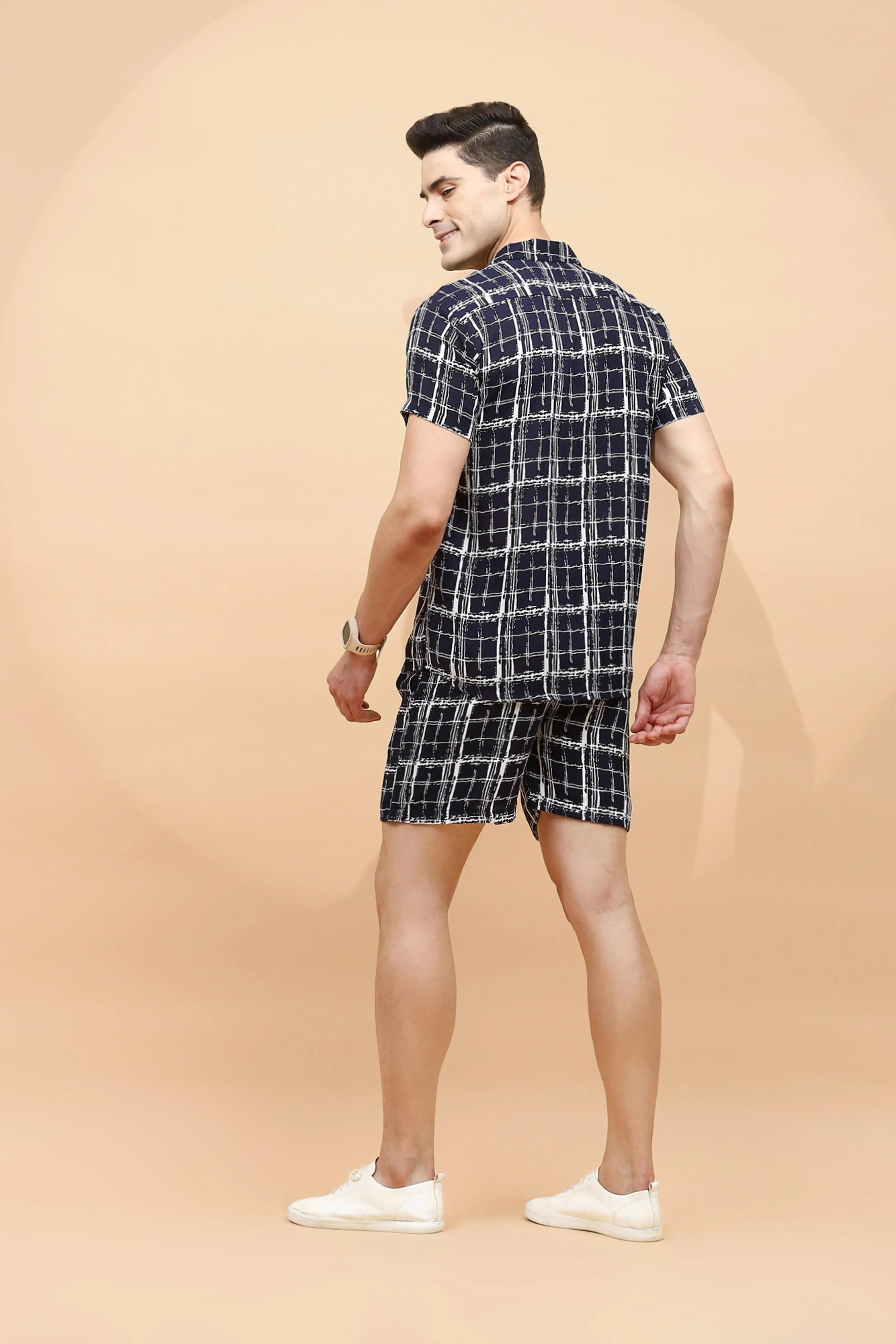 Navy Cotton Blend Regular Fit Shorts Set For Men - Global Republic