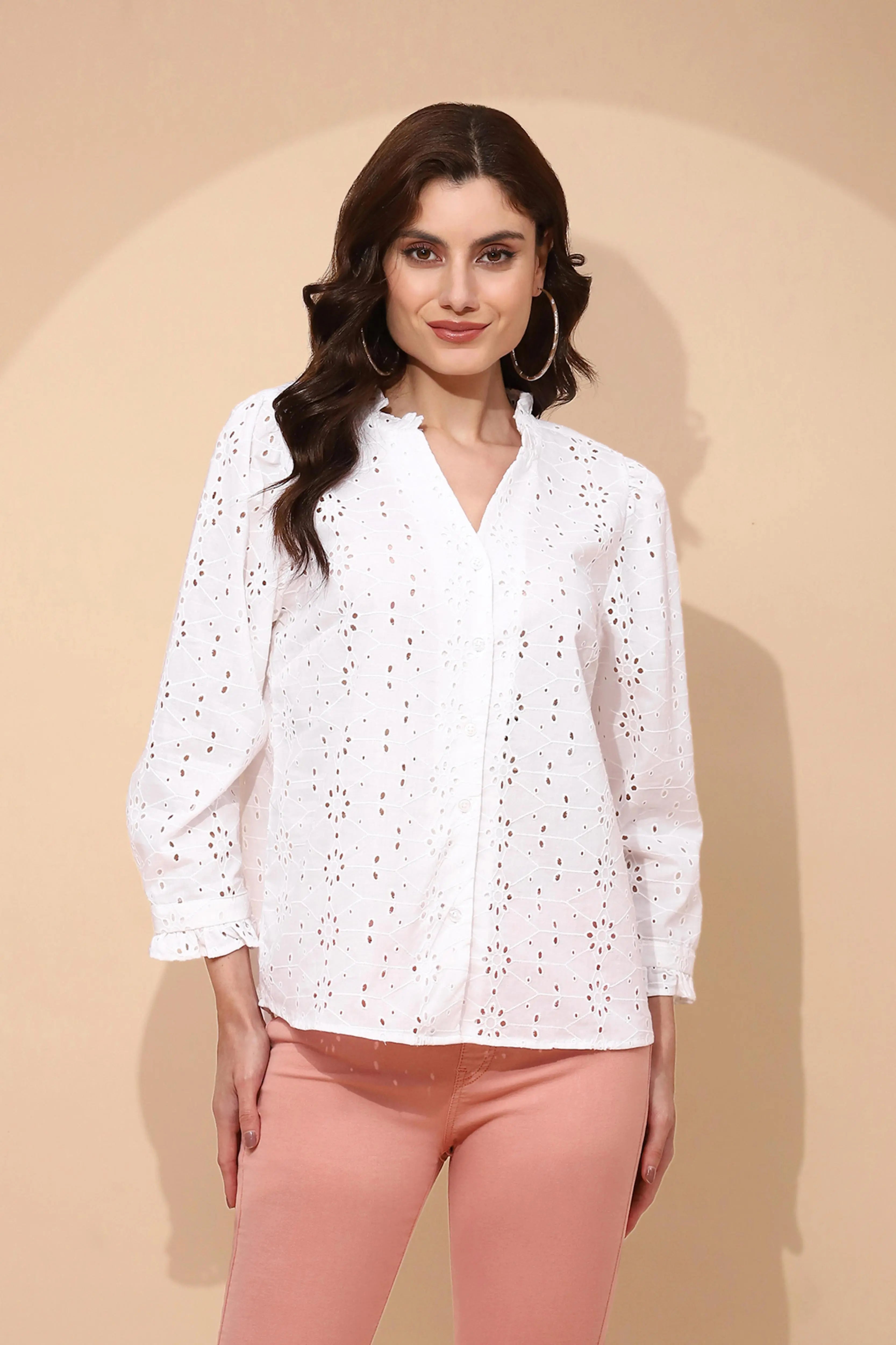 White Cotton Regular Fit Schiffli Shirt - Global Republic