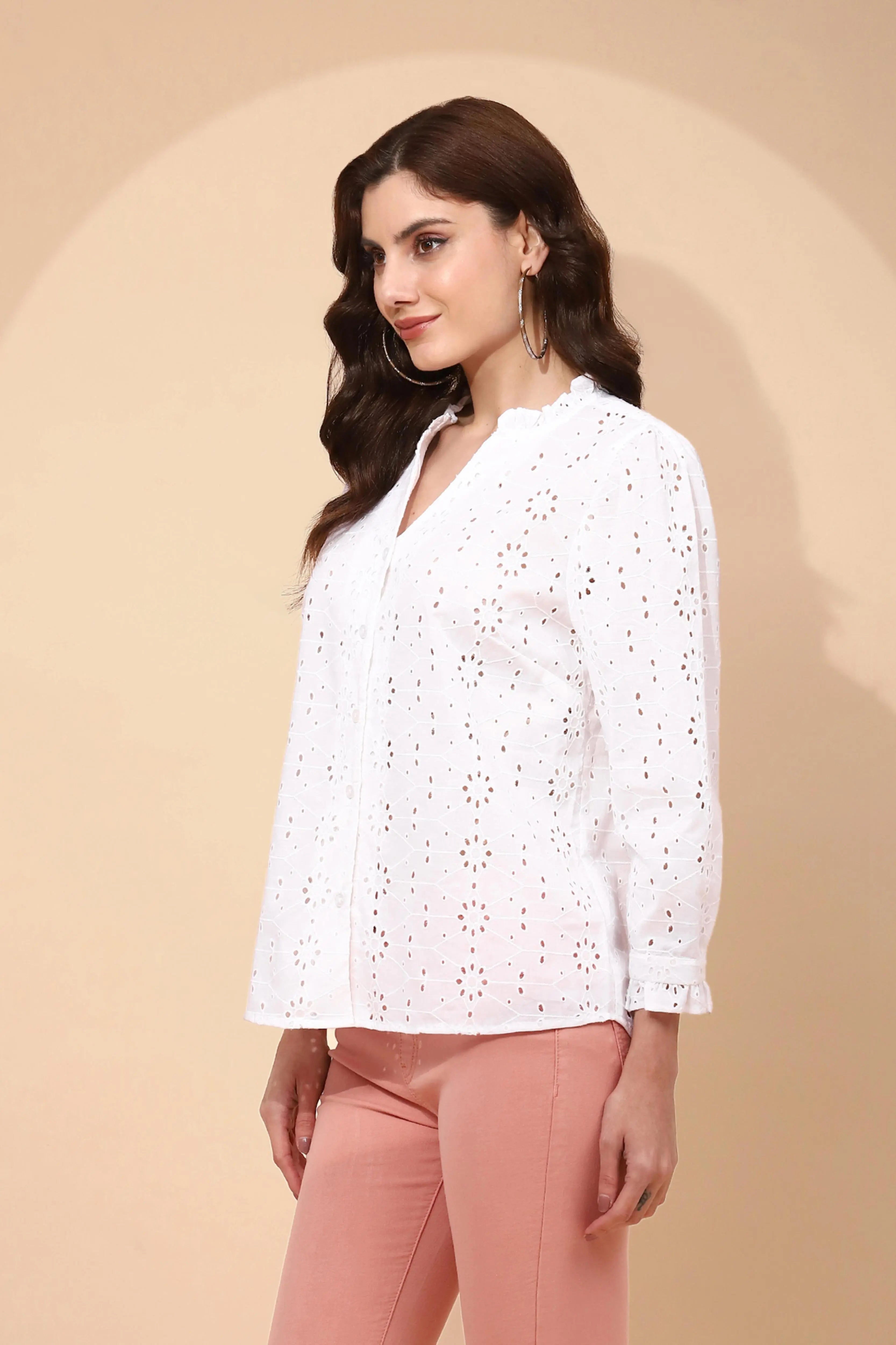 White Cotton Regular Fit Schiffli Shirt - Global Republic