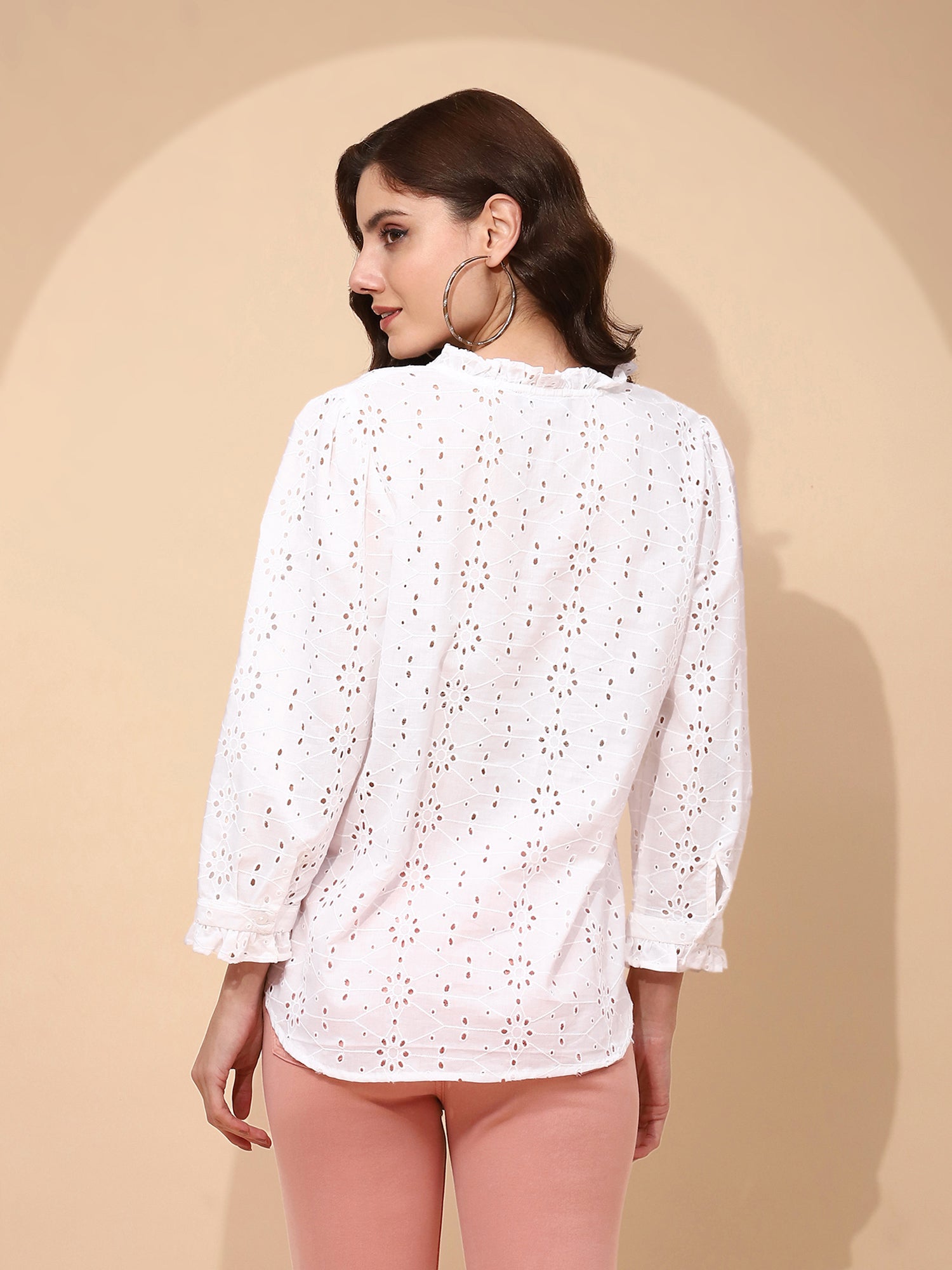 White Cotton Regular Fit Schiffli Shirt - Global Republic