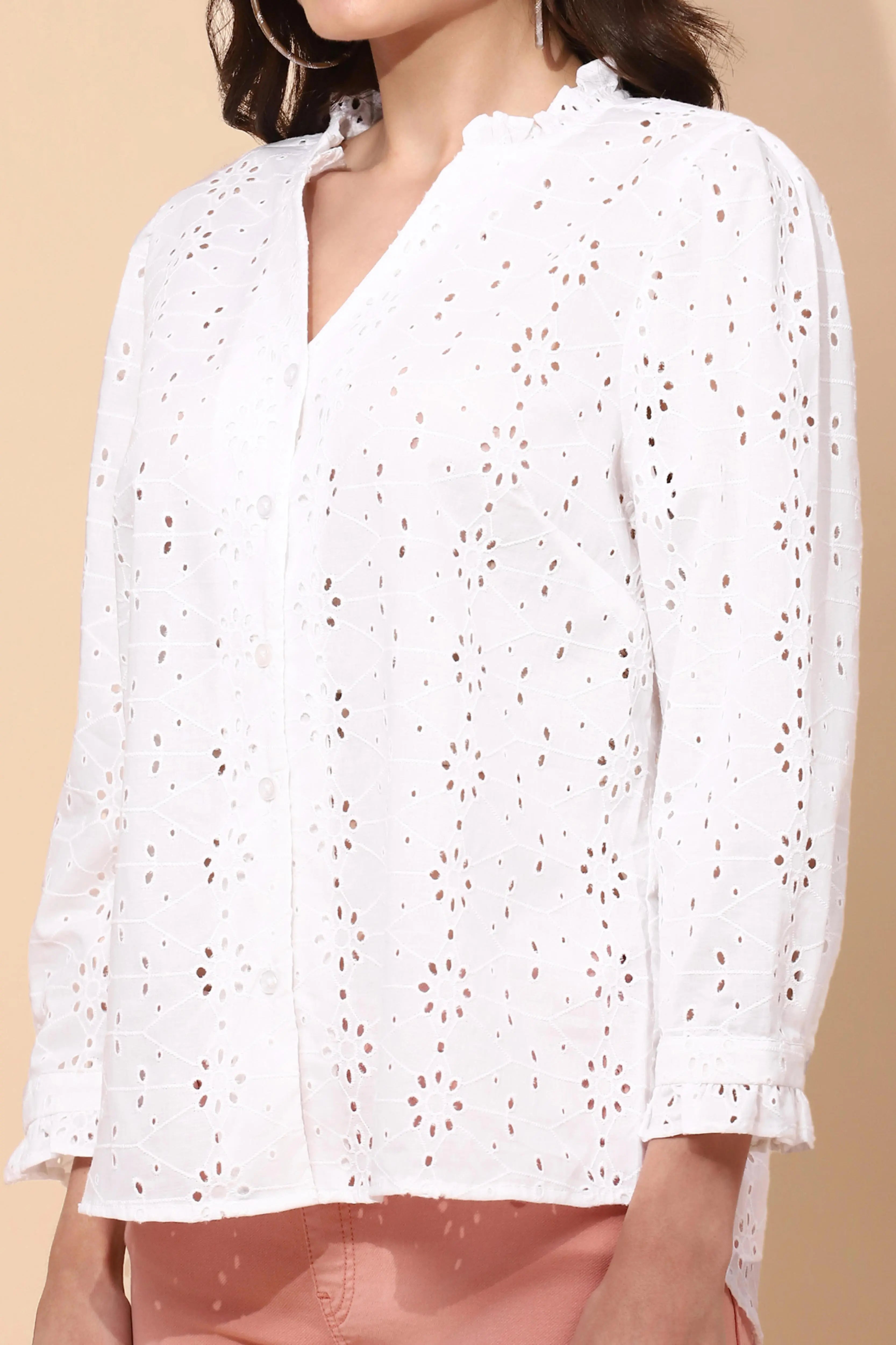 White Cotton Regular Fit Schiffli Shirt - Global Republic