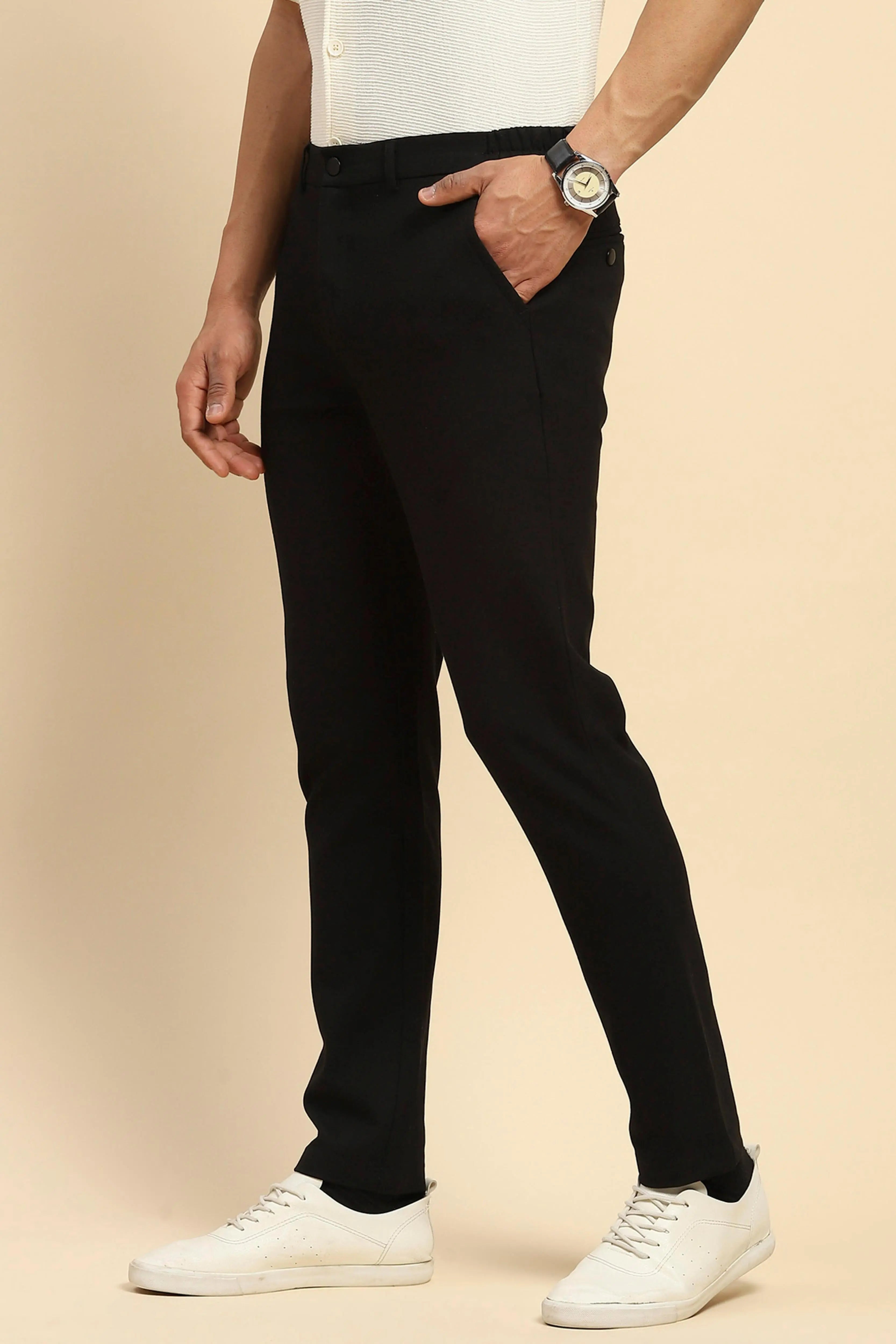 Black Relaxed Fit Cotton Blend Trouser - Global Republic
