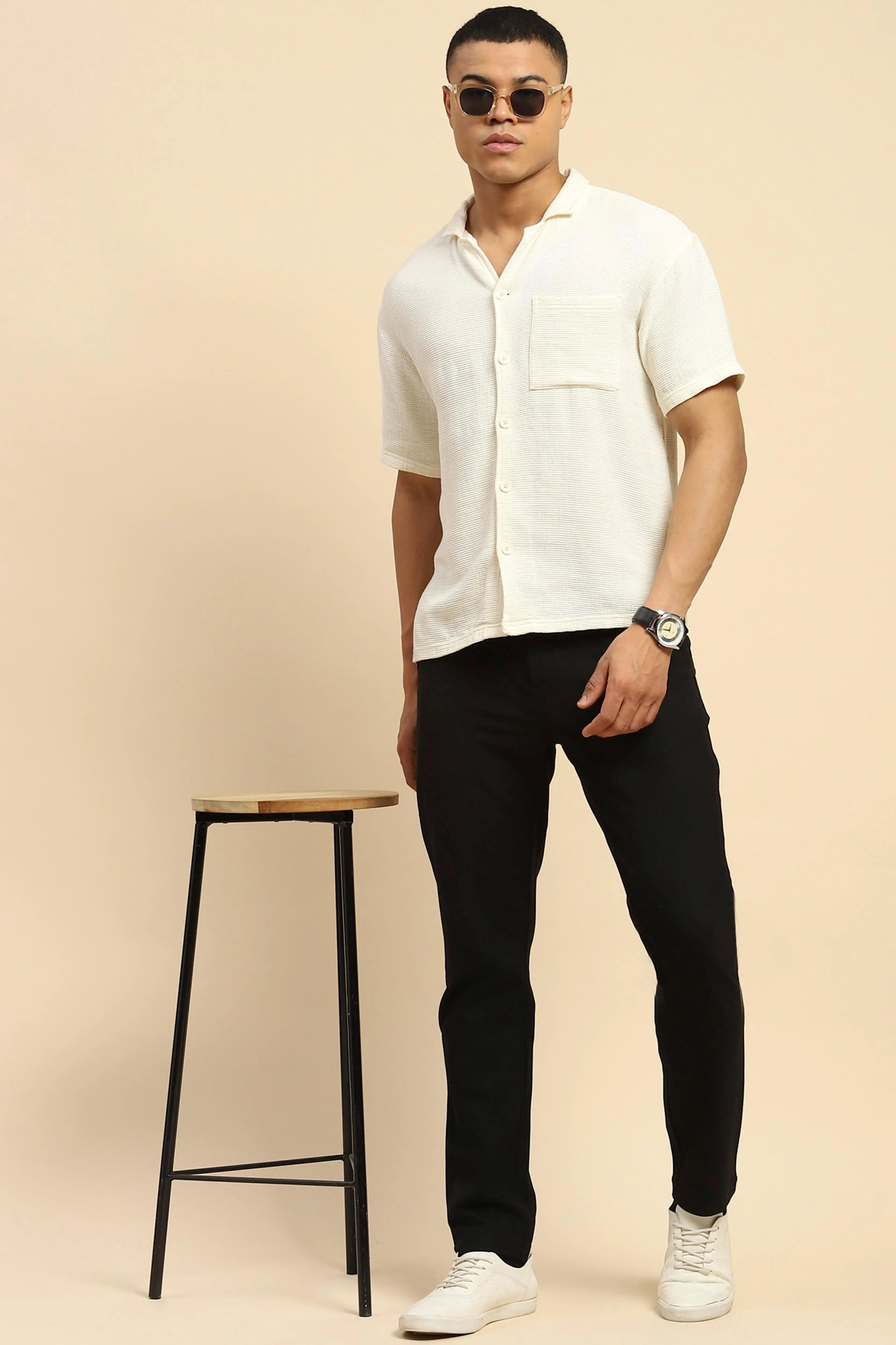 Black Relaxed Fit Cotton Blend Trouser - Global Republic