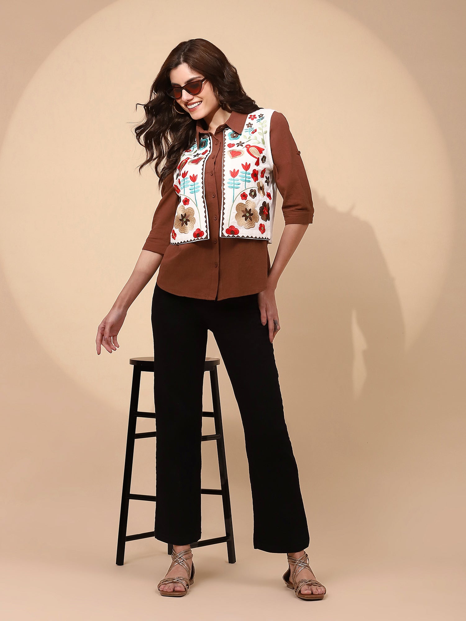 White Embroidered Cotton Waist Coat - Global Republic