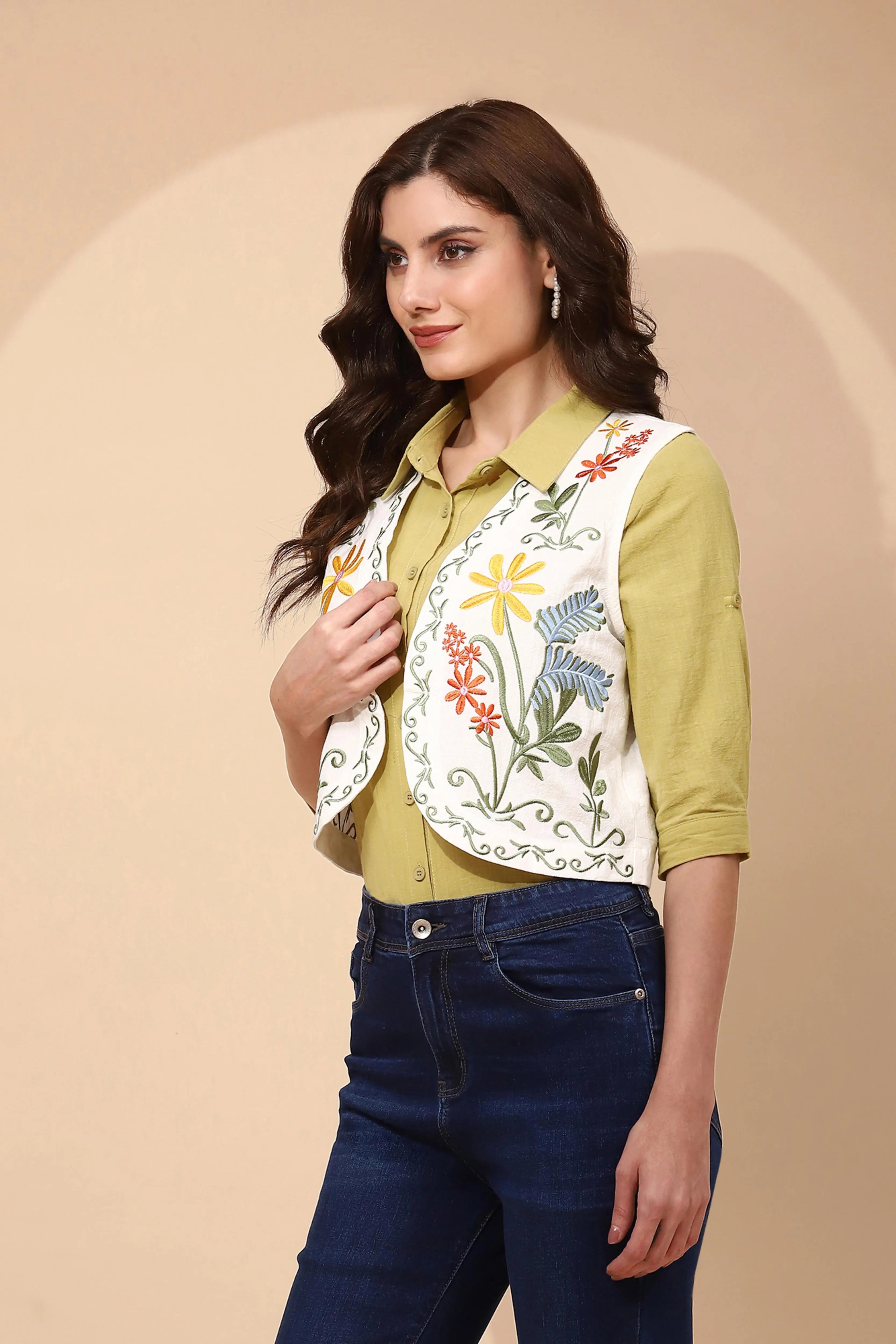 White Cotton Embroidered Waist Coat - Global Republic