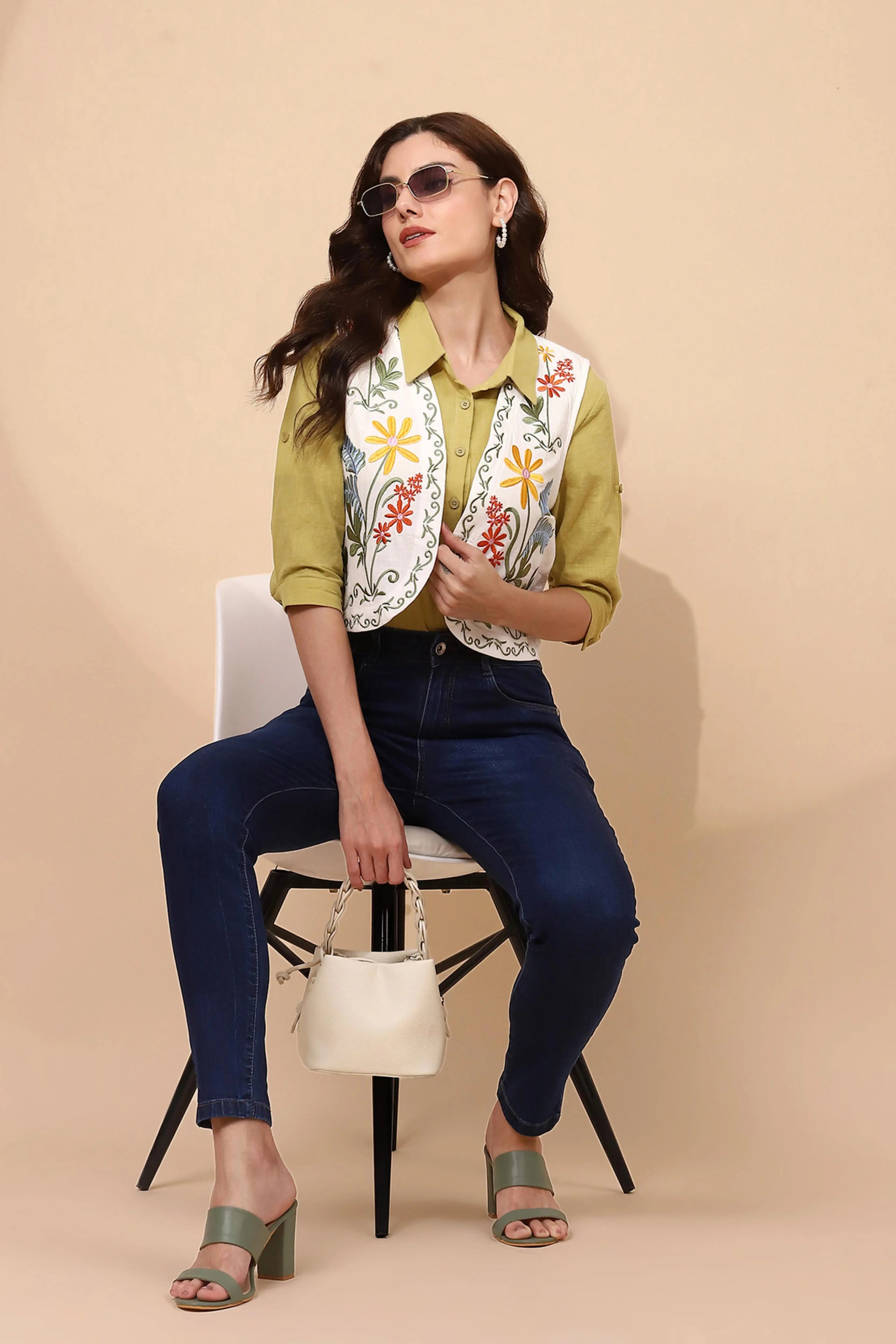 White Cotton Embroidered Waist Coat - Global Republic
