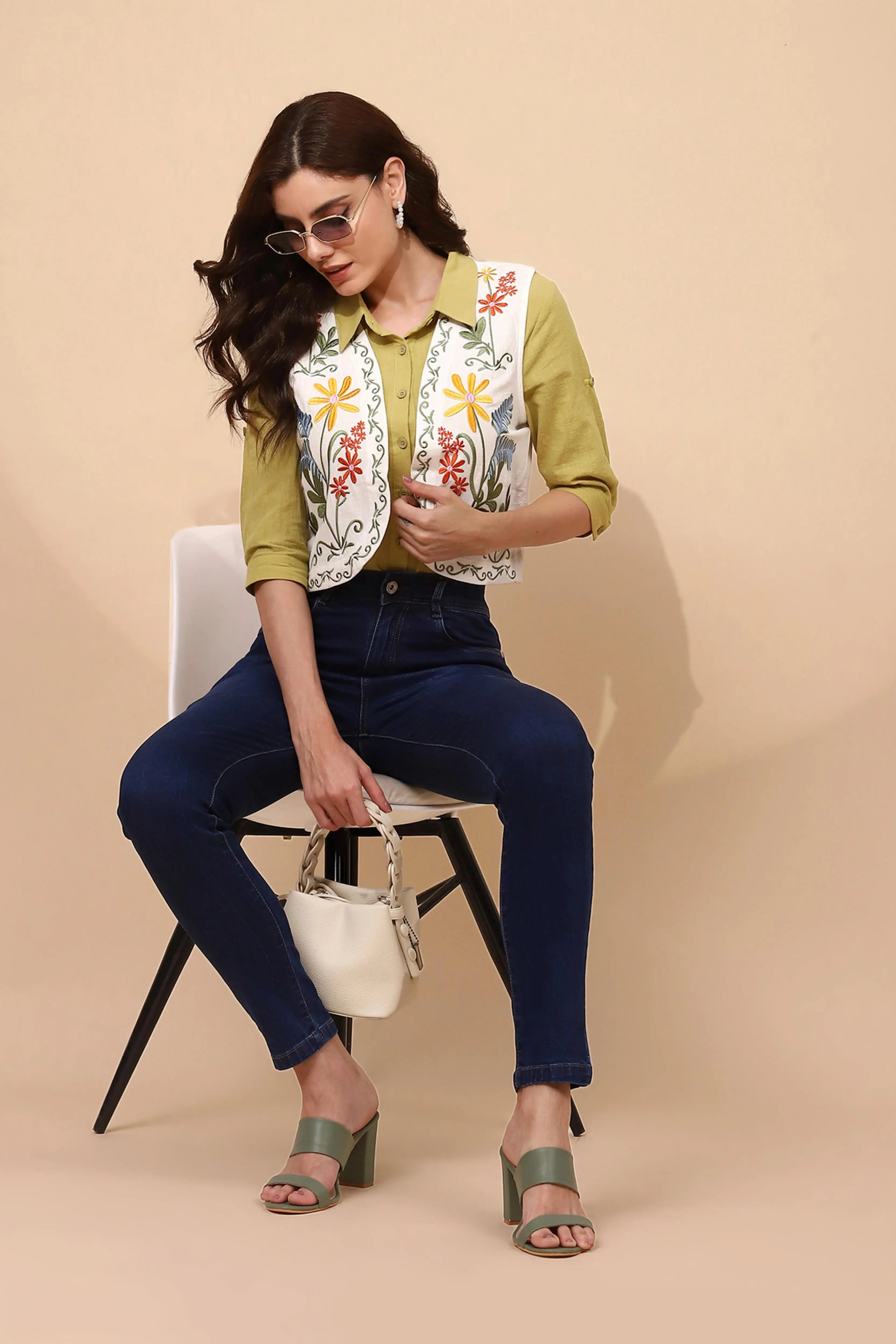 White Cotton Embroidered Waist Coat - Global Republic