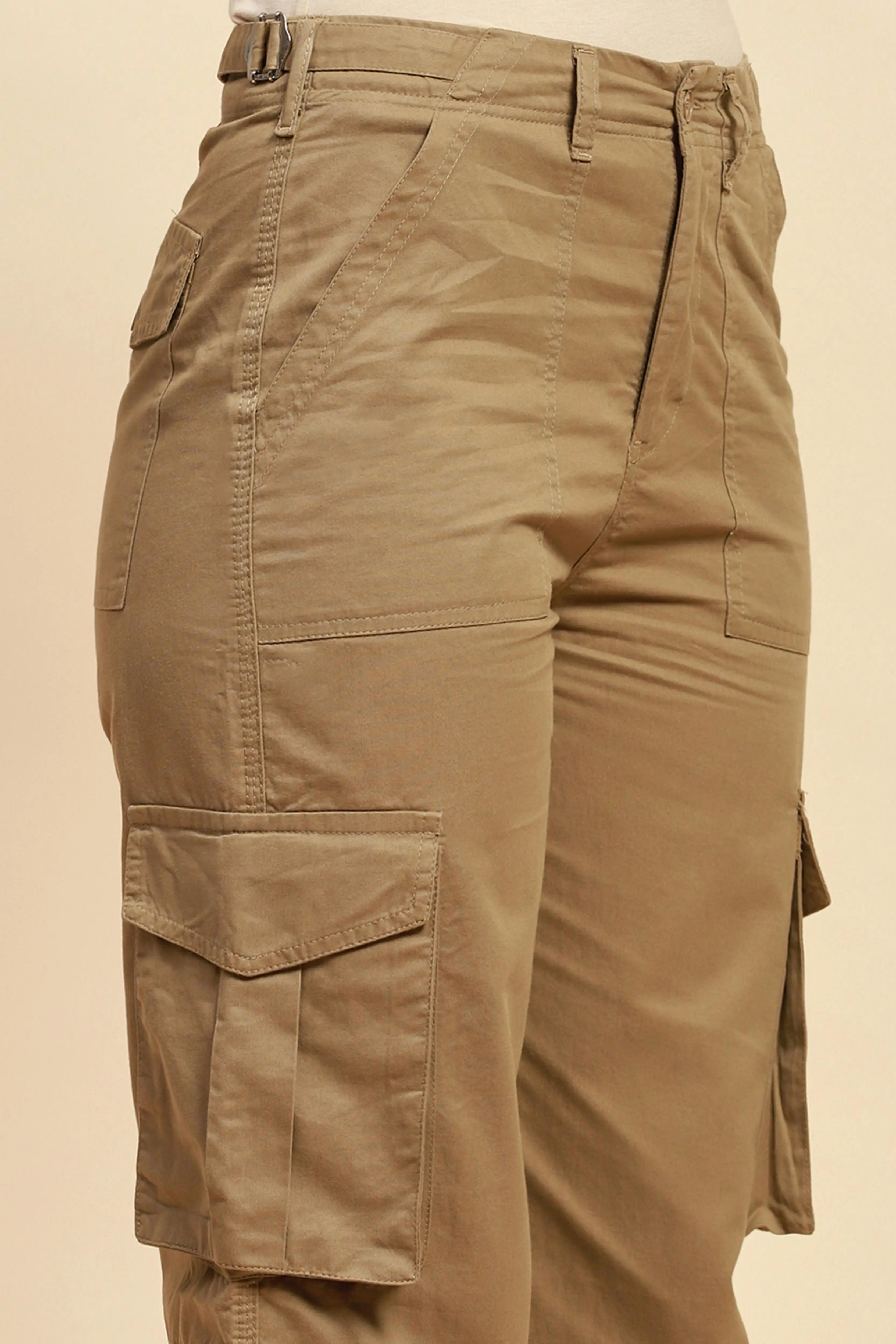 Khaki Cotton Straight Fit Cargo - Global Republic
