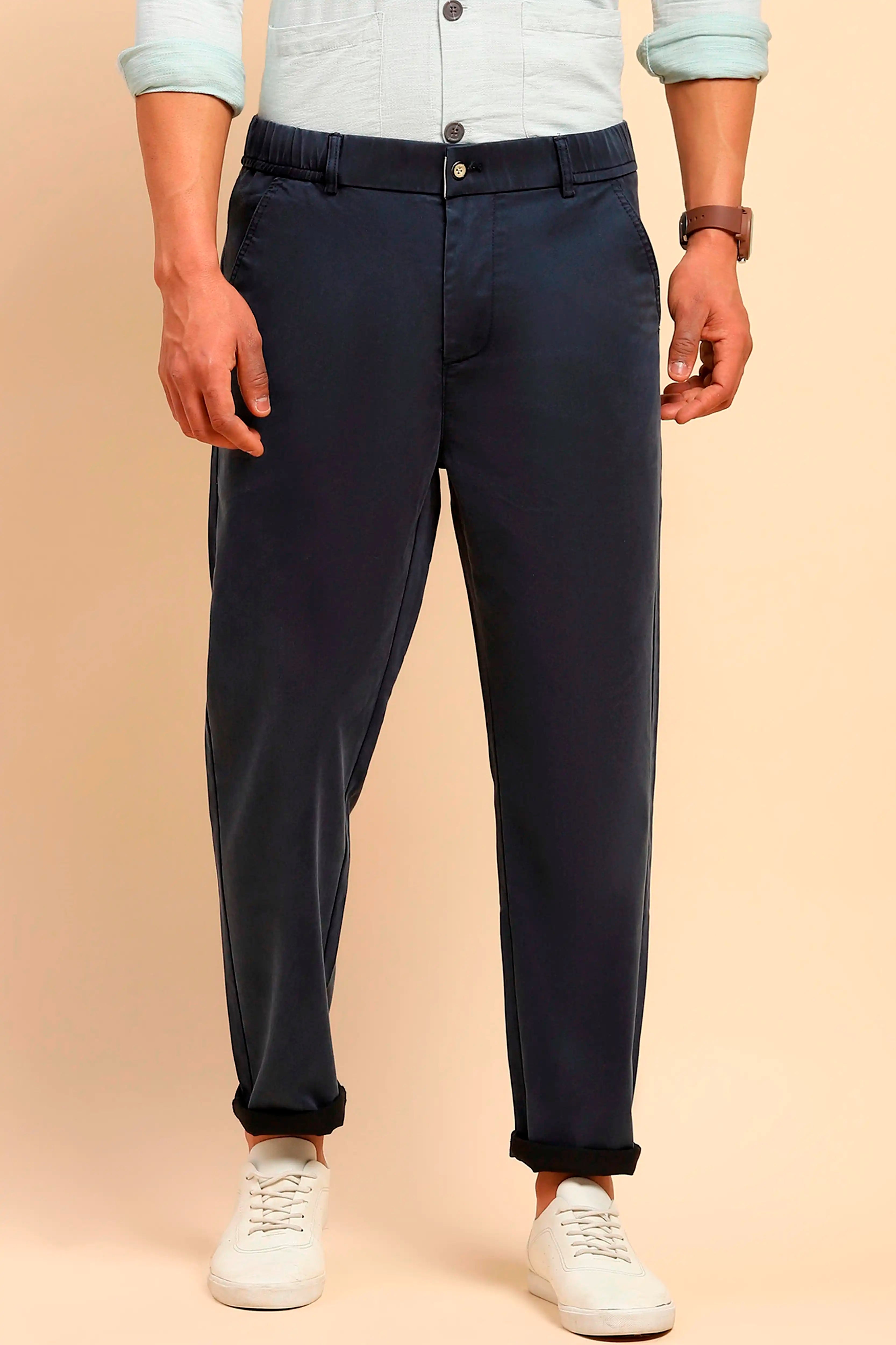 Navy Cotton Blend Slim Trouser
