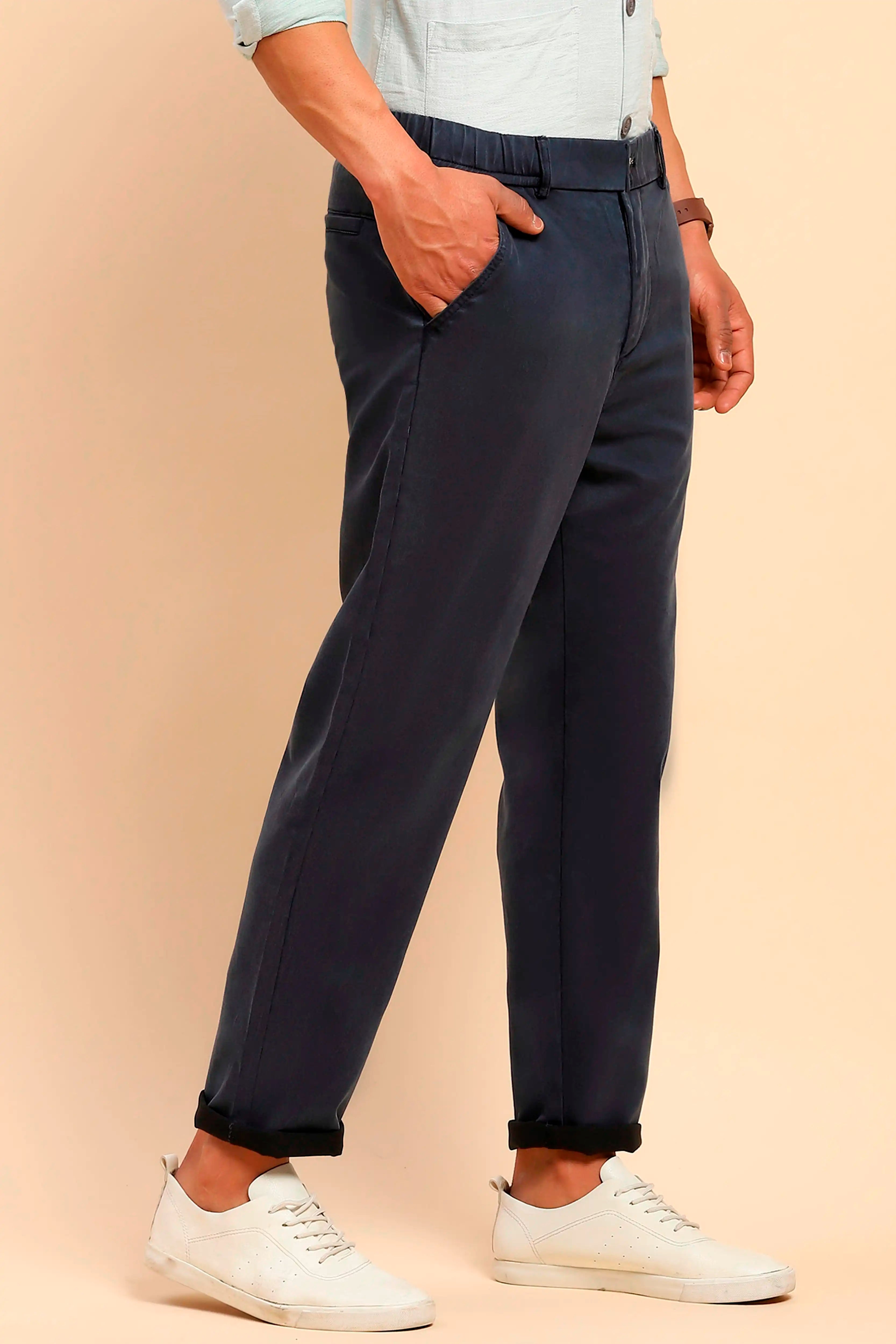 Navy Cotton Blend Slim Trouser