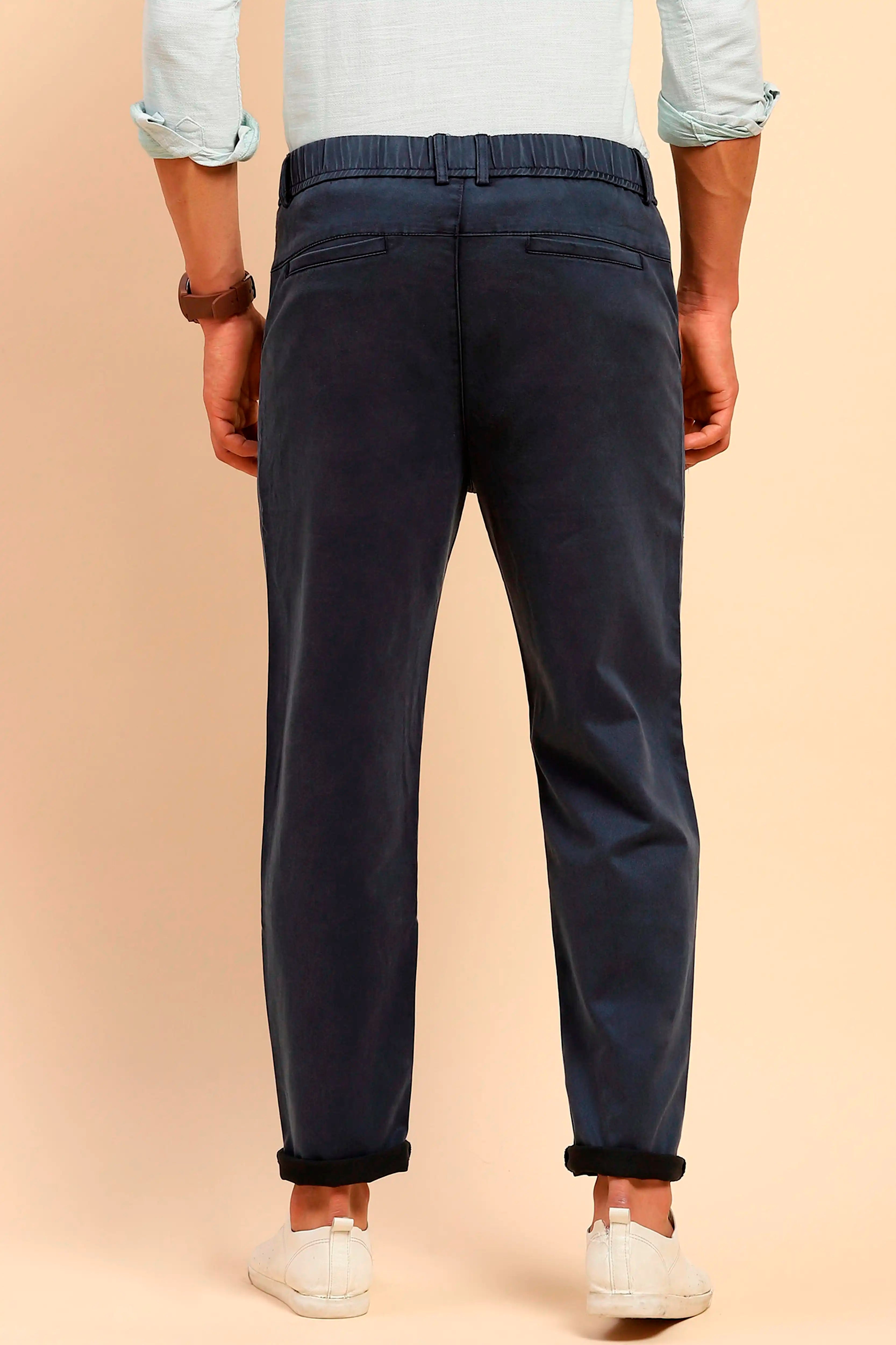 Navy Cotton Blend Slim Trouser