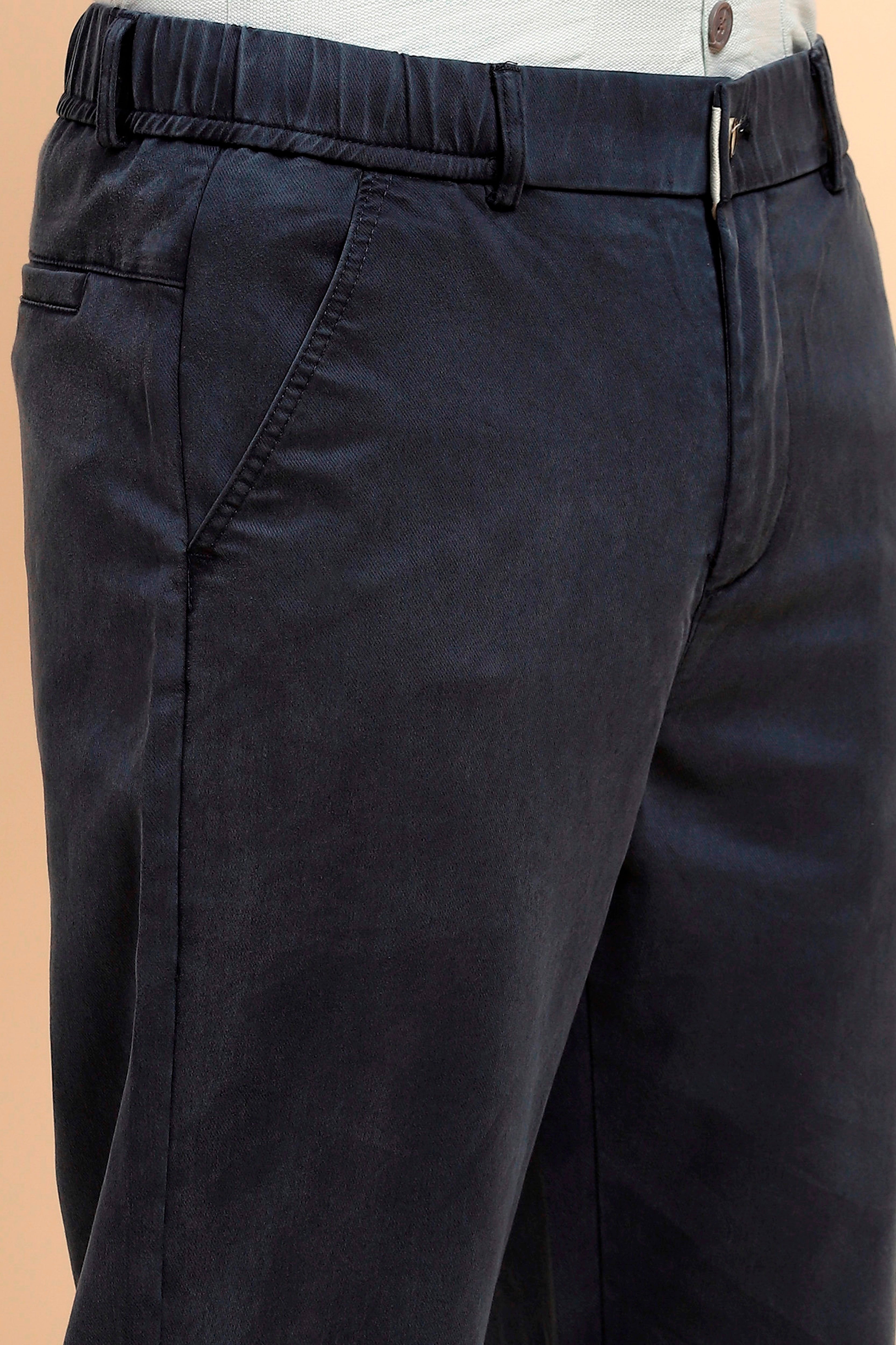 Navy Cotton Blend Slim Trouser