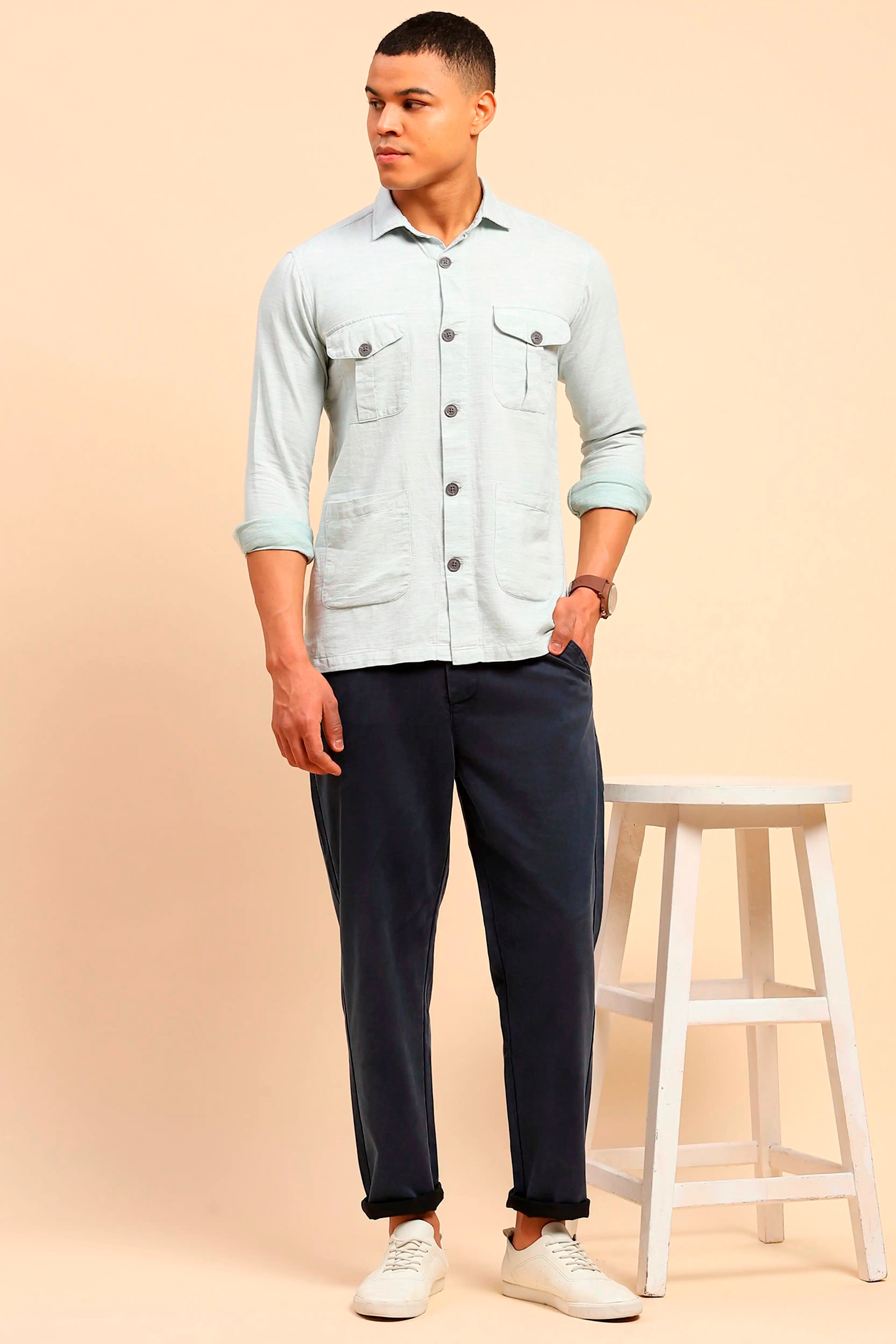 Navy Cotton Blend Slim Trouser