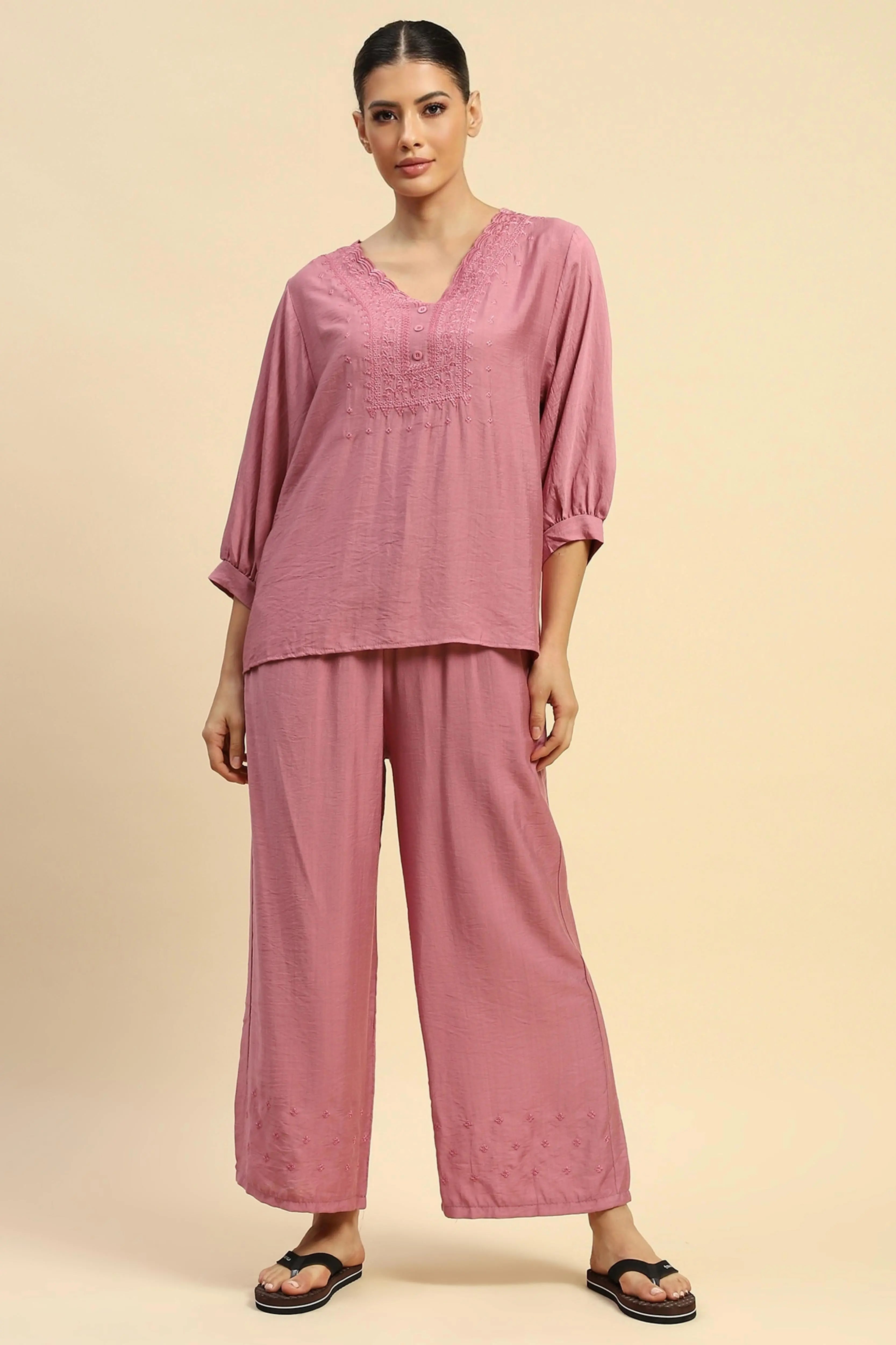 Dusty Pink Rayon Relaxed Fit Nightsuit - Global Republic