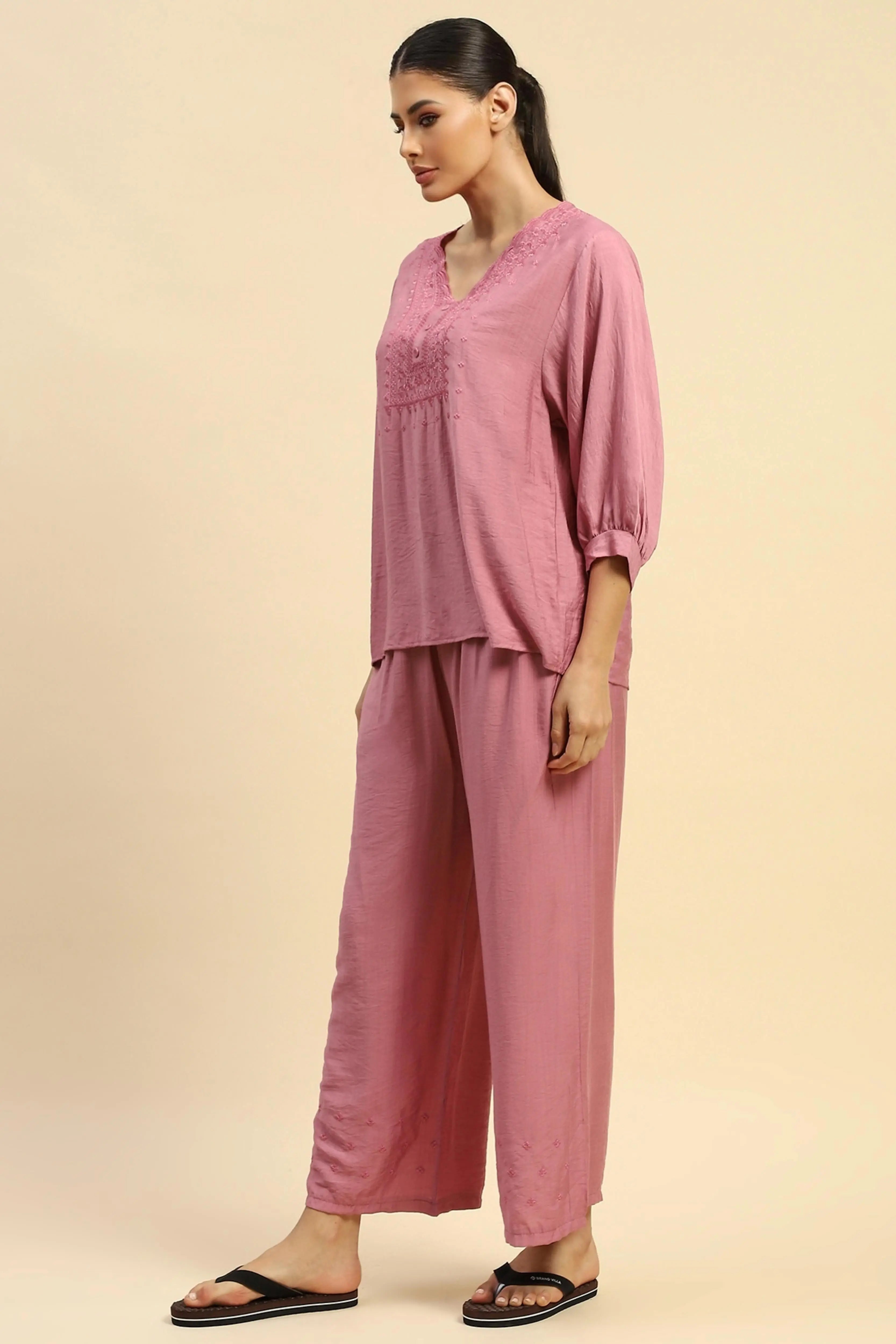Dusty Pink Rayon Relaxed Fit Nightsuit - Global Republic