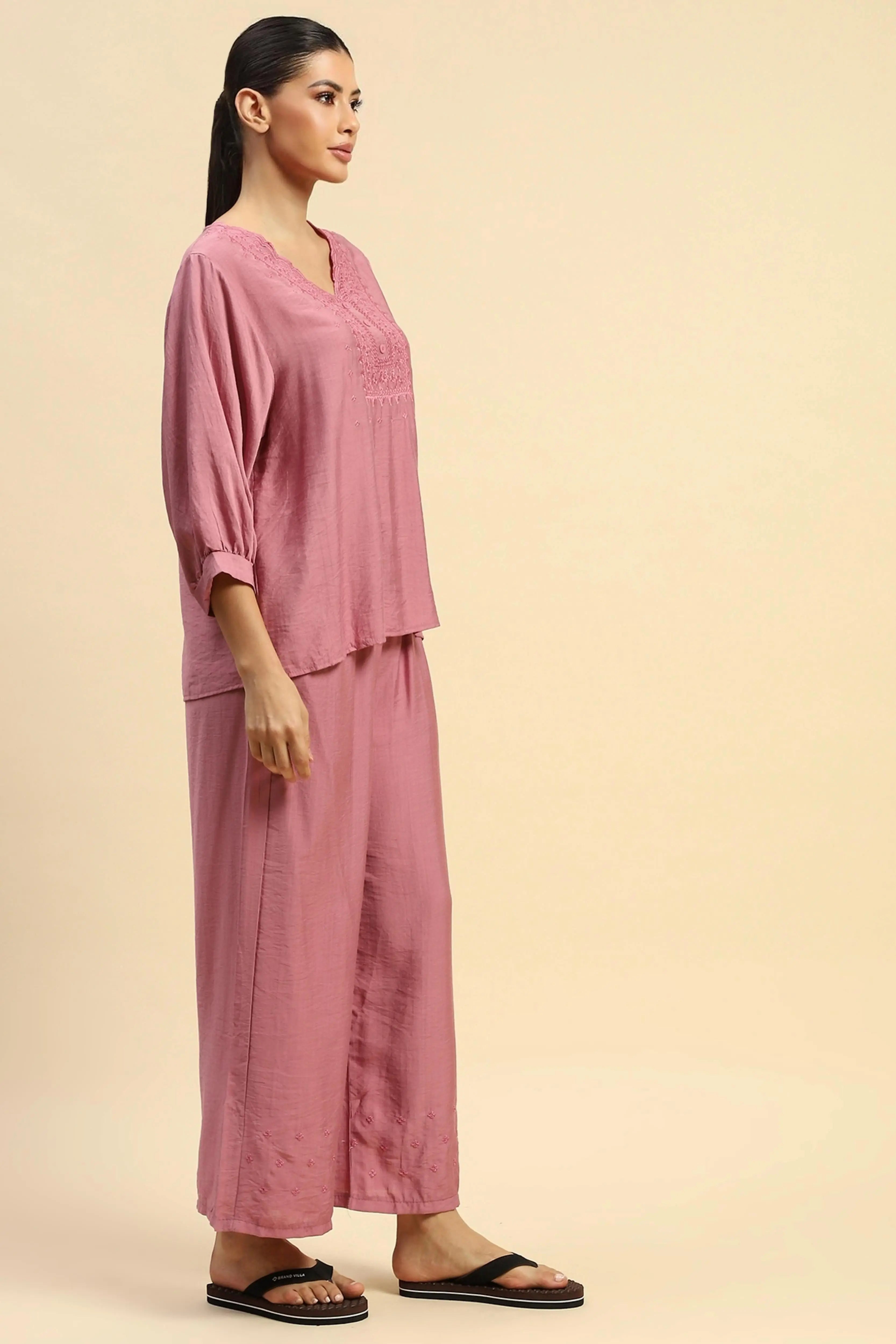 Dusty Pink Rayon Relaxed Fit Nightsuit - Global Republic
