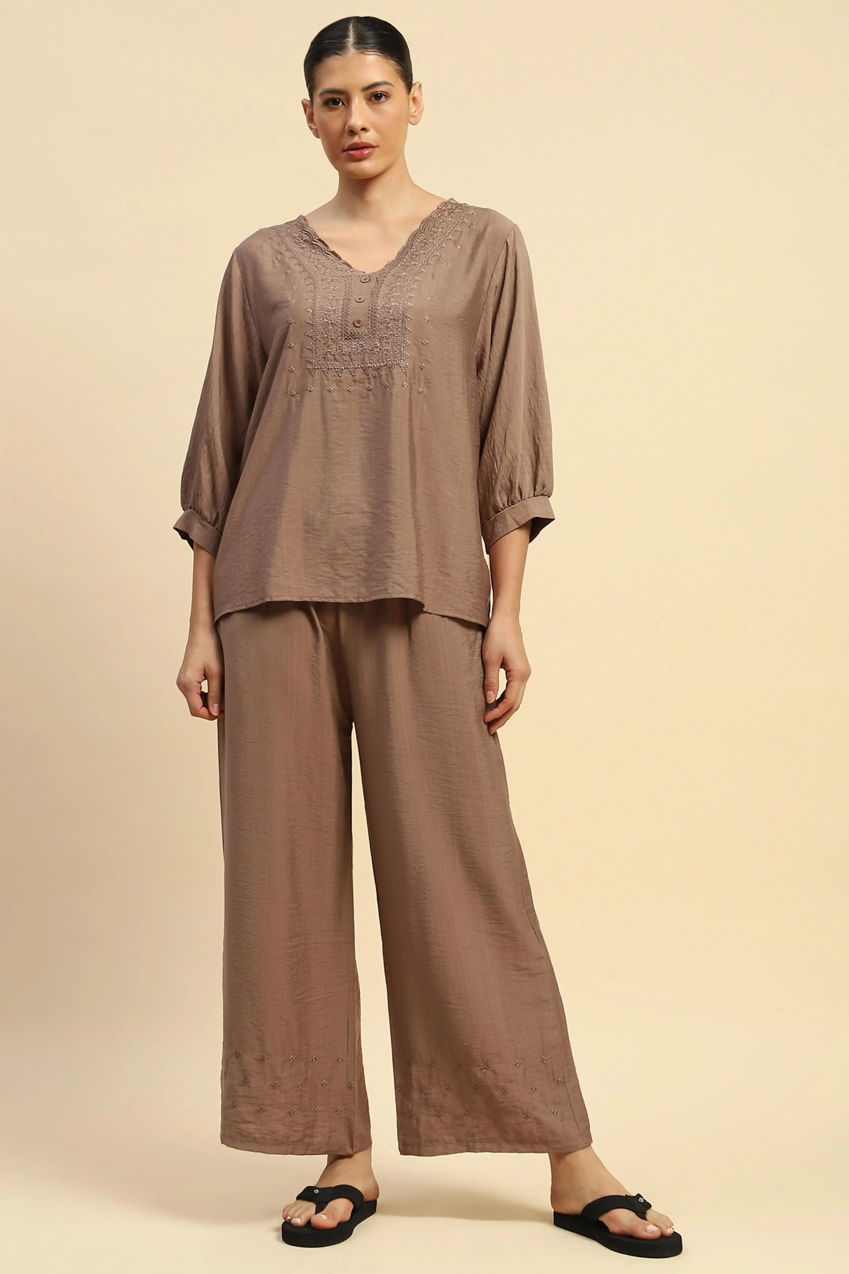 Coffee Rayon Relaxed Fit Night Suit For Women - Global Republic