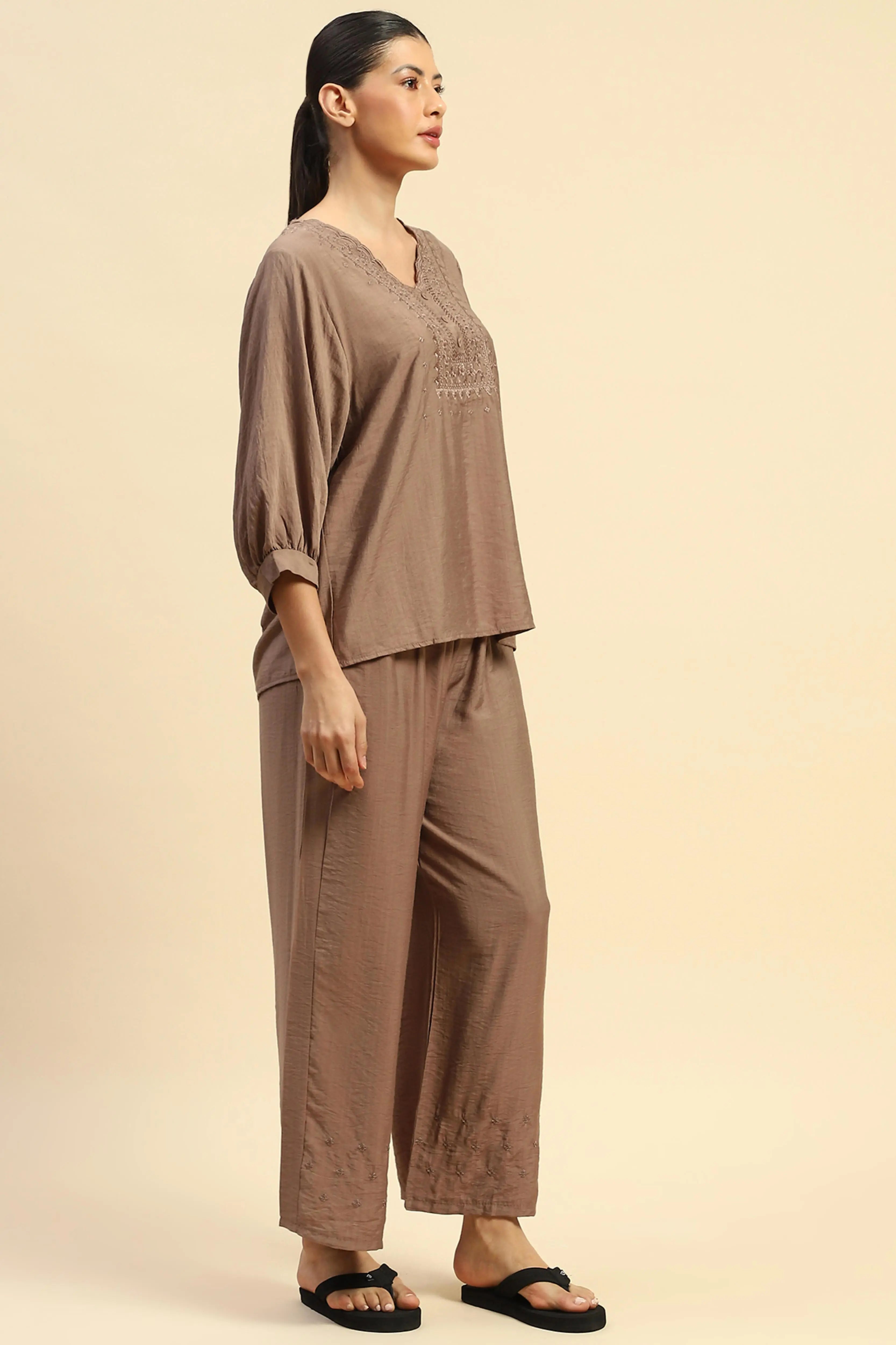 Coffee Rayon Relaxed Fit Night Suit For Women - Global Republic