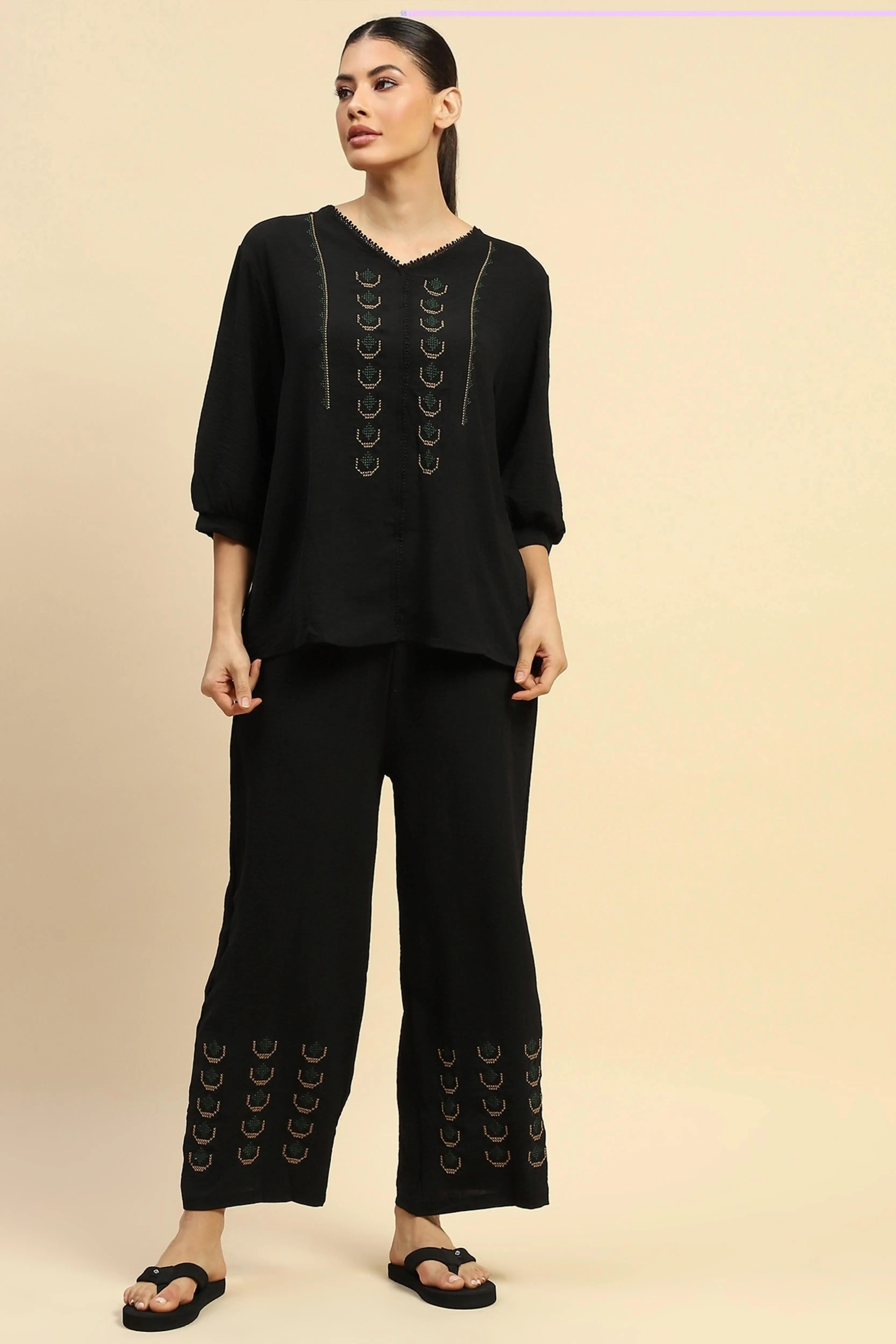 Black Nylon Relaxed Fit Night Suit For Women - Global Republic