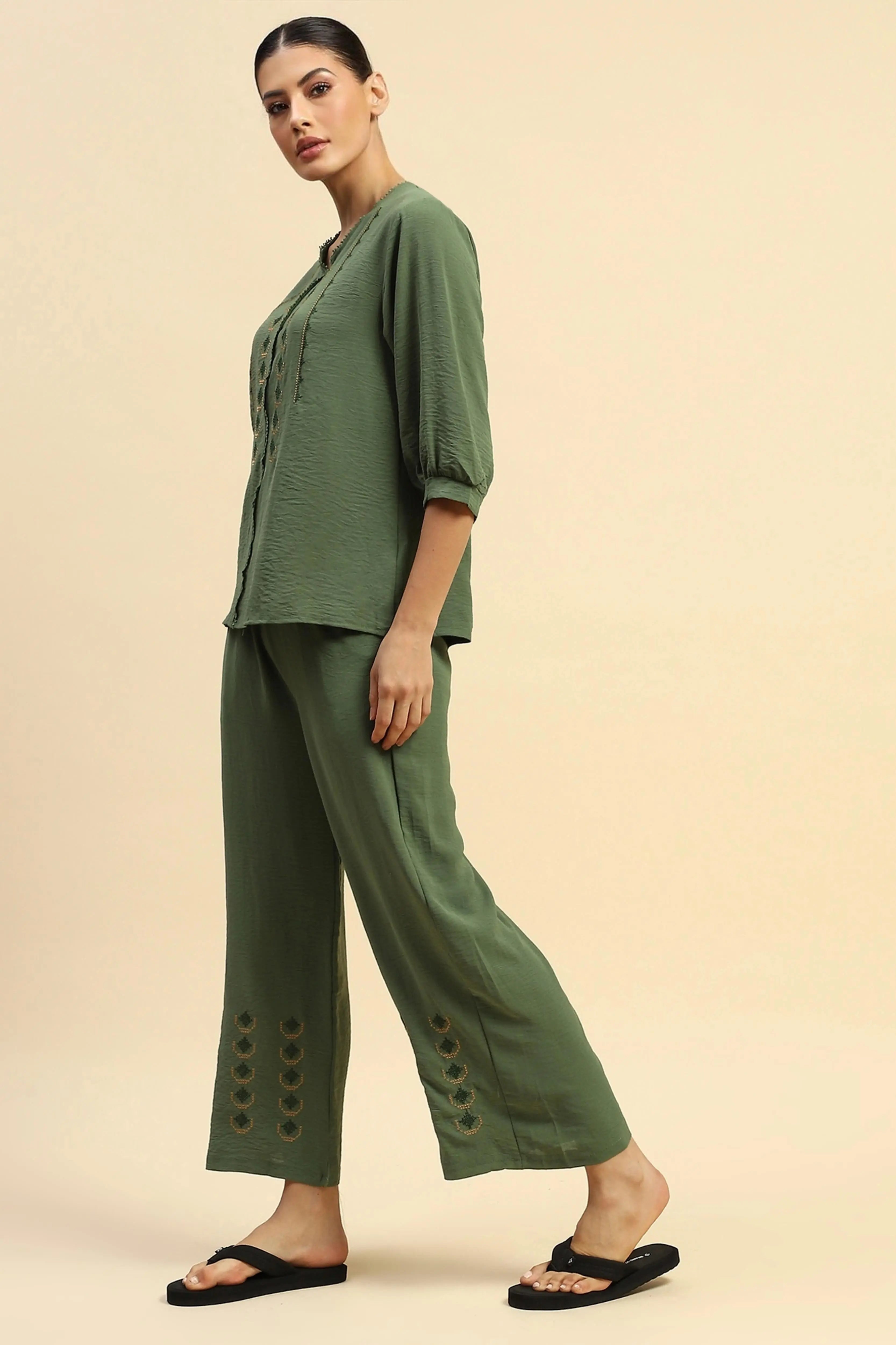 Green Rayon Relaxed Fit Nightsuit - Global Republic