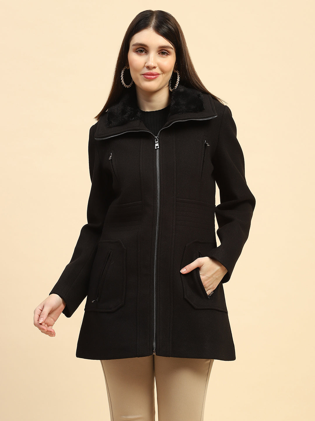 Black Solid Relaxed Fit Coat - Global Republic