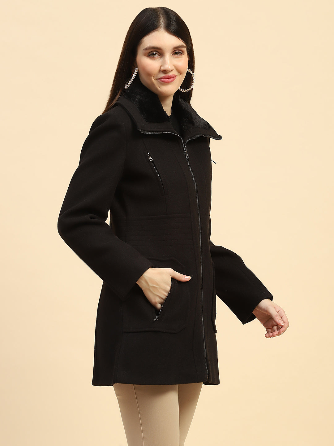 Black Solid Relaxed Fit Coat - Global Republic