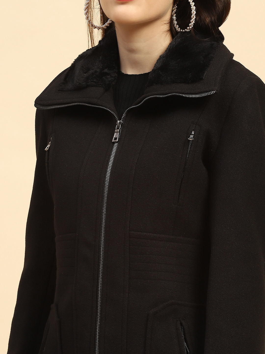Black Solid Relaxed Fit Coat - Global Republic