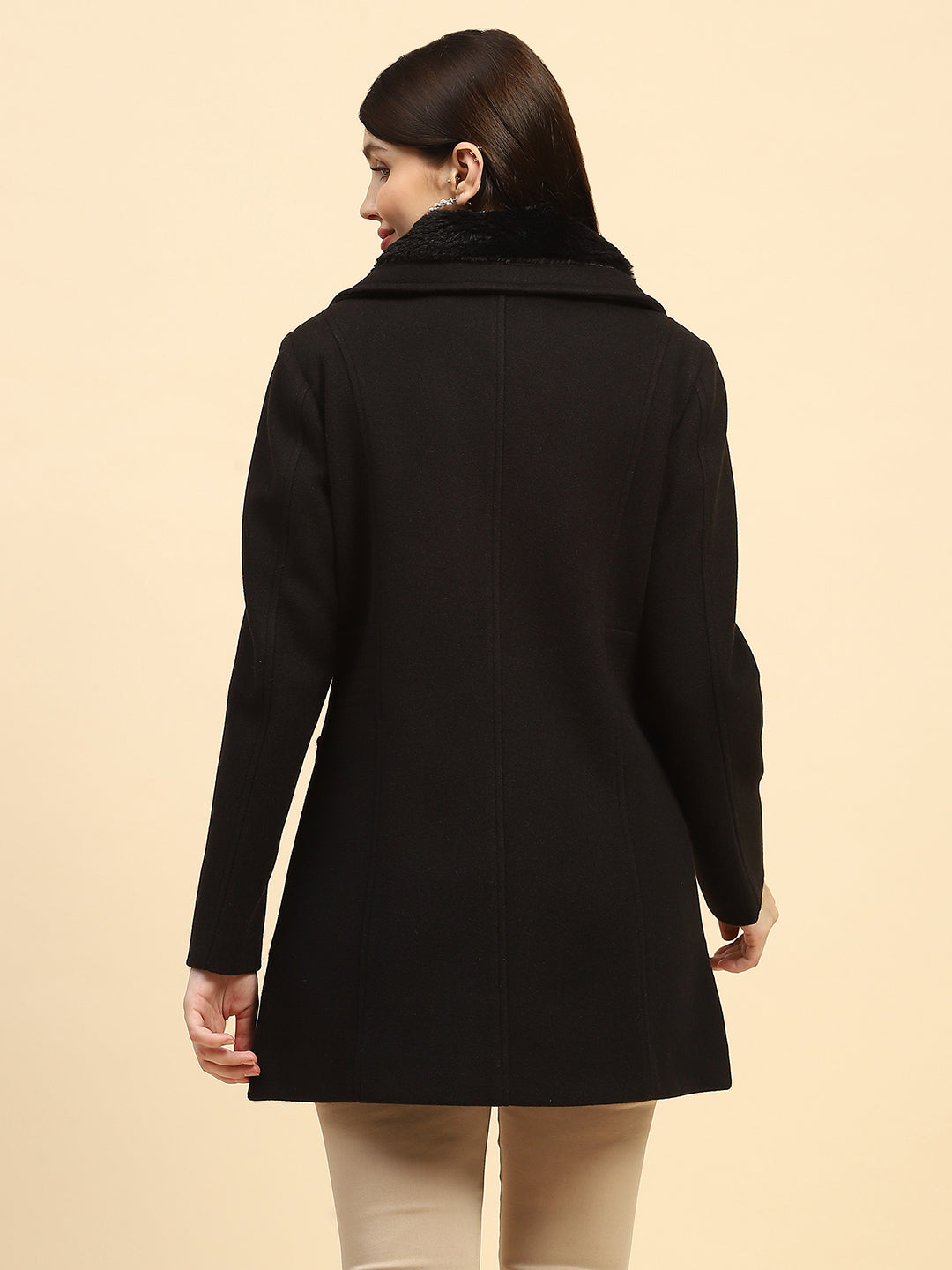 Black Solid Relaxed Fit Coat - Global Republic