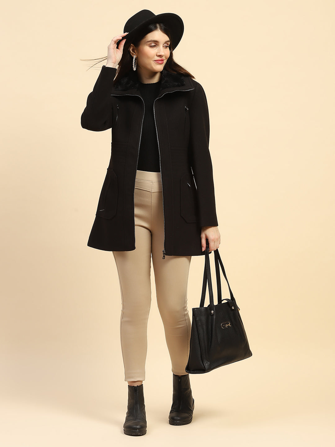 Black Solid Relaxed Fit Coat - Global Republic