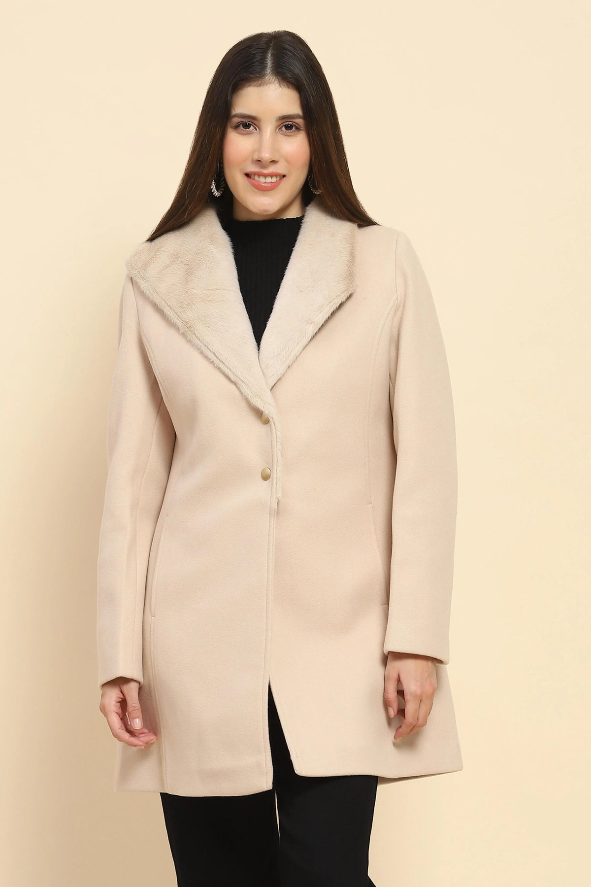 Nude Solid Regular Fit Long Coat For Winter - Global Republic