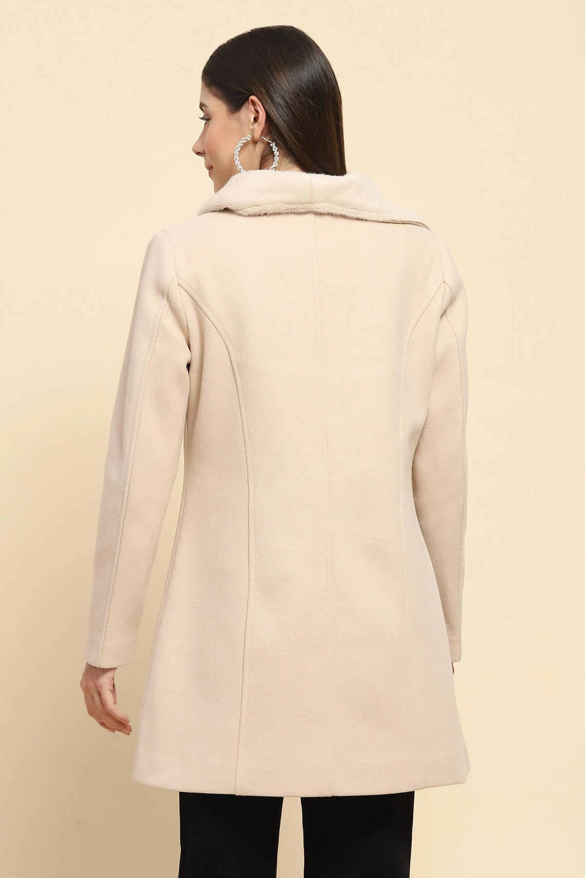 Nude Solid Regular Fit Long Coat For Winter - Global Republic