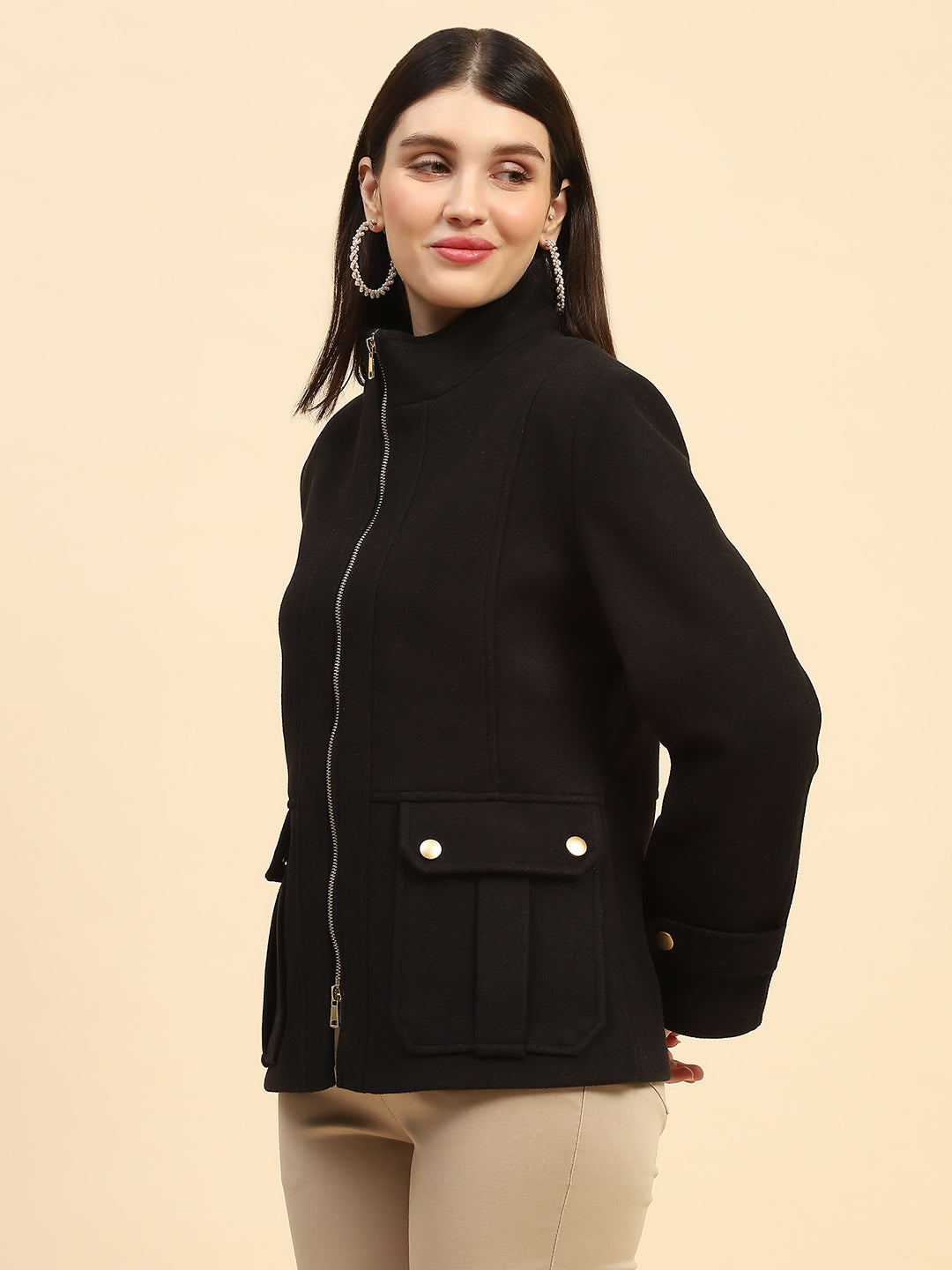 Black Solid  Relaxed Fit Jacket - Global Republic