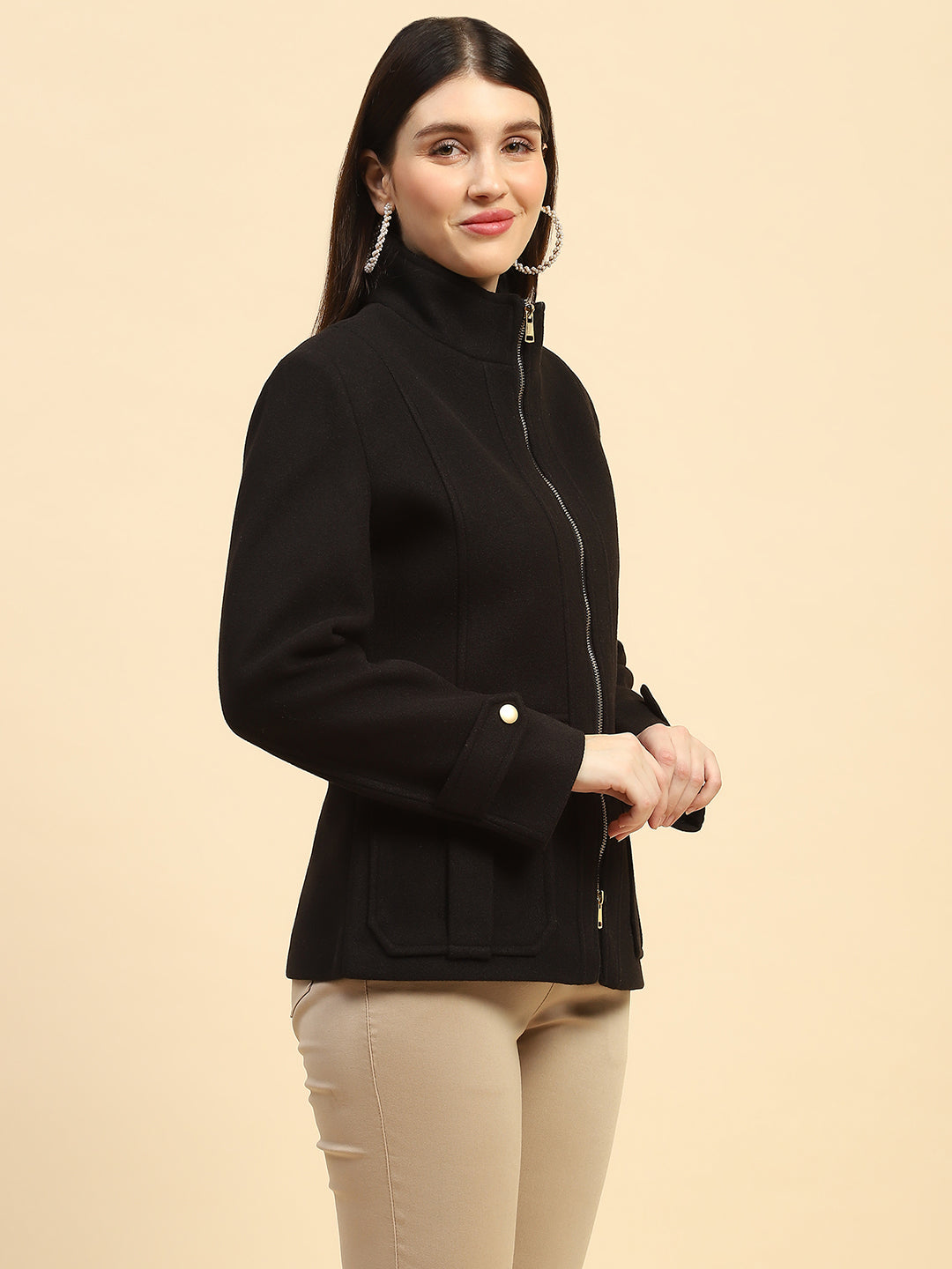 Black Solid Relaxed Fit Jacket - Global Republic
