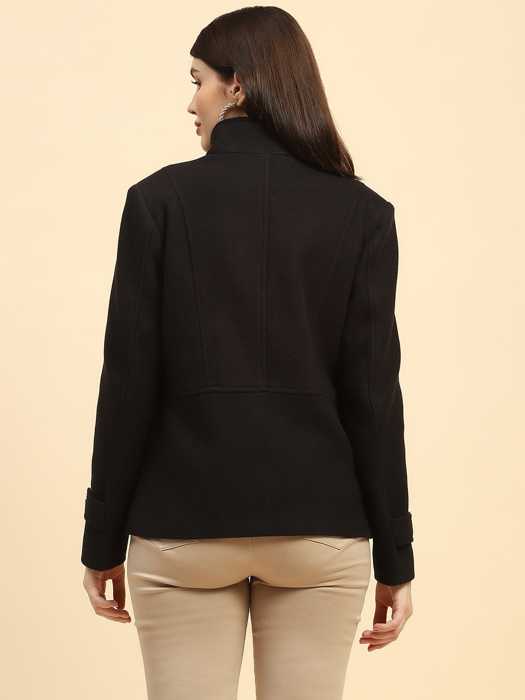 Black Solid Relaxed Fit Jacket - Global Republic