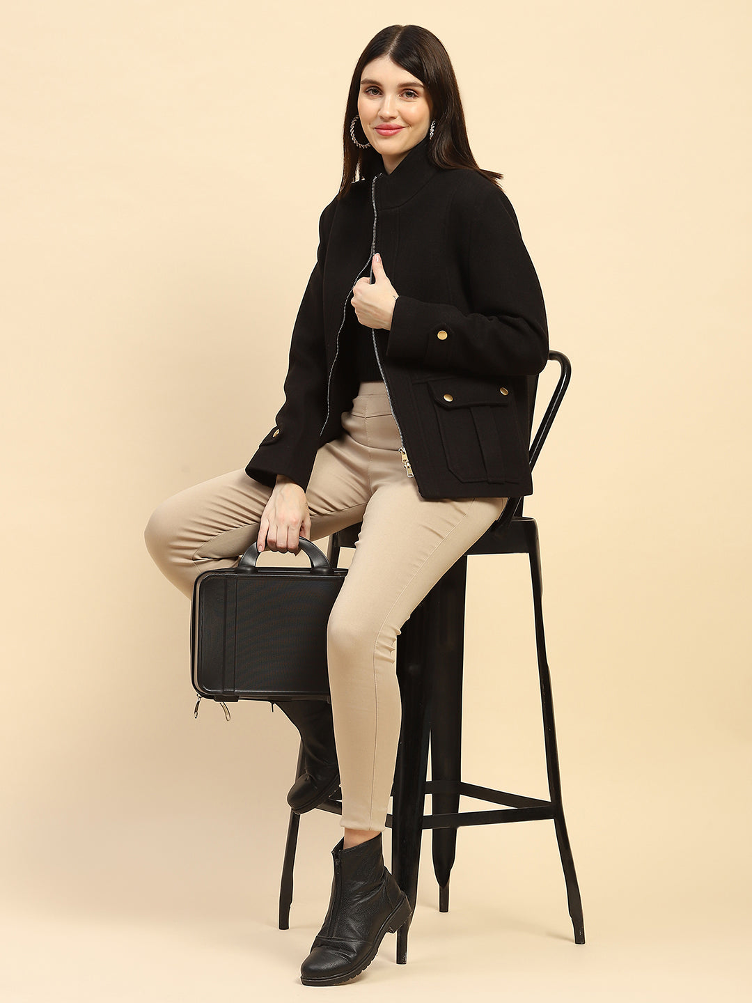 Black Solid Relaxed Fit Jacket - Global Republic