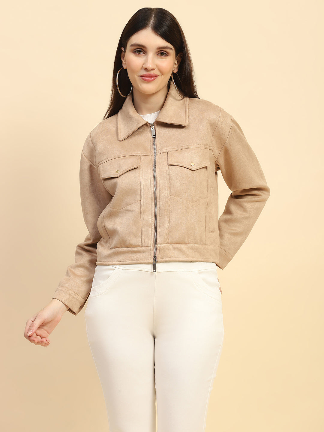 Beige Solid Suede Relaxed Fit Jacket - Global Republic
