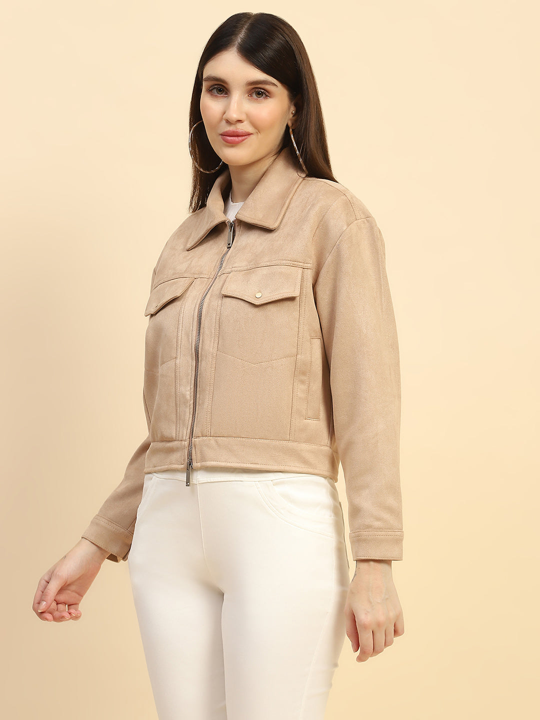 Beige Solid Suede Relaxed Fit Jacket - Global Republic