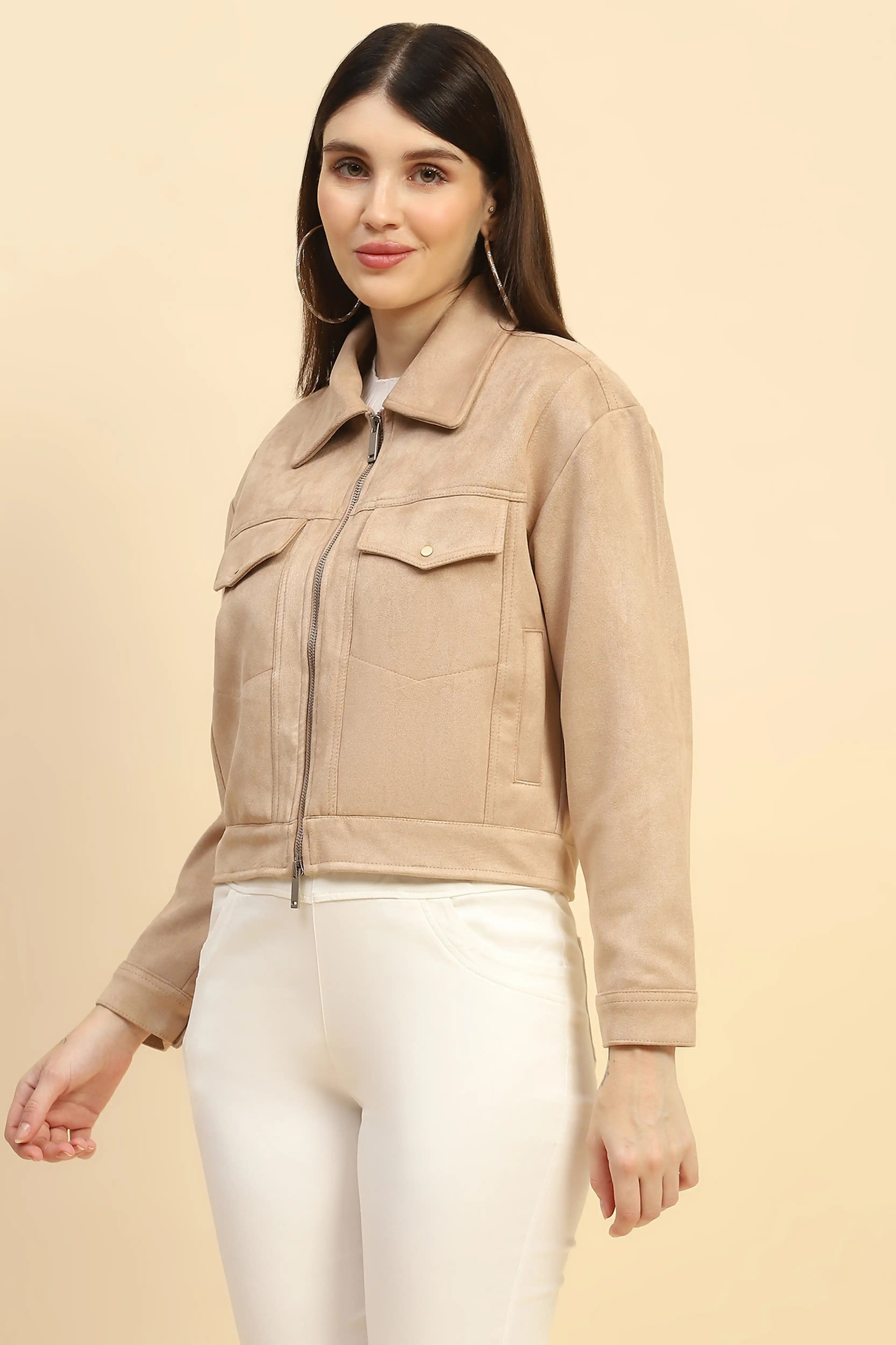Beige Solid Suede Relaxed Fit Jacket